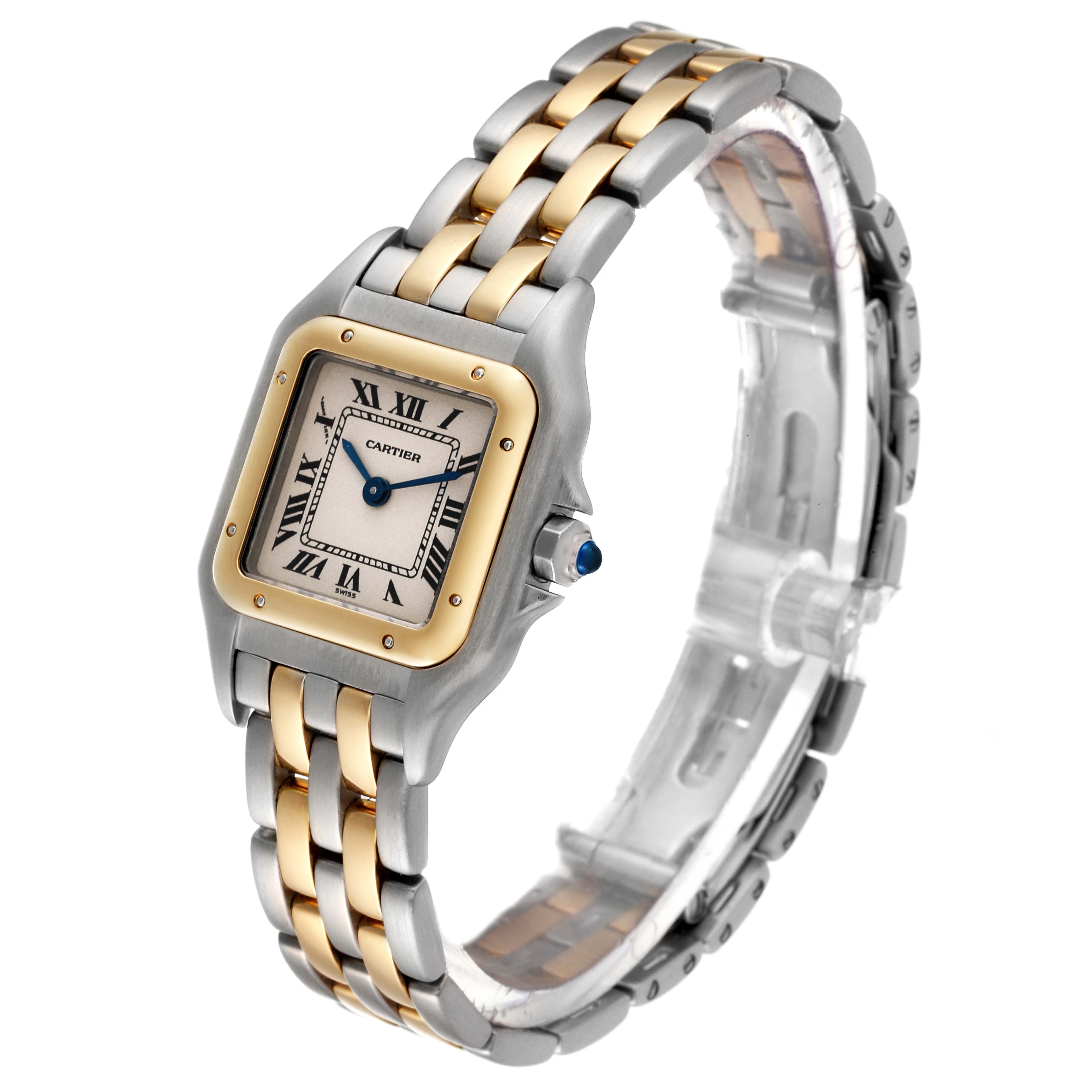 The image shows a Cartier Panthere W25029B6 Women's Steel and Gold (two tone) Silver Dial W25029B6 Women's Steel and Gold (two tone) Silver Dial model watch at a three-quarter angle, highlighting the face, bezel, and two-tone metal bracelet.