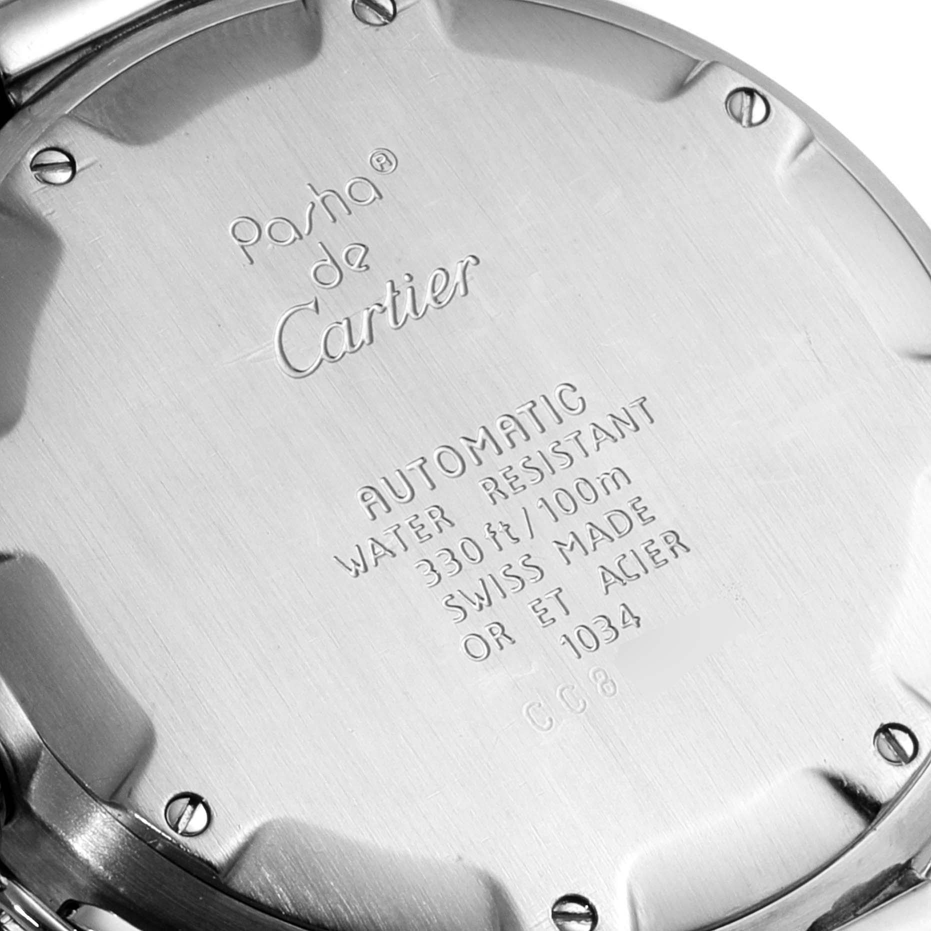 This image shows the back case of a Cartier Pasha W31016N1 Men
s Steel and Gold (two tone) Grey Dial W31016N1 Men
s Steel and Gold (two tone) Grey Dial watch displaying model details and specifications.