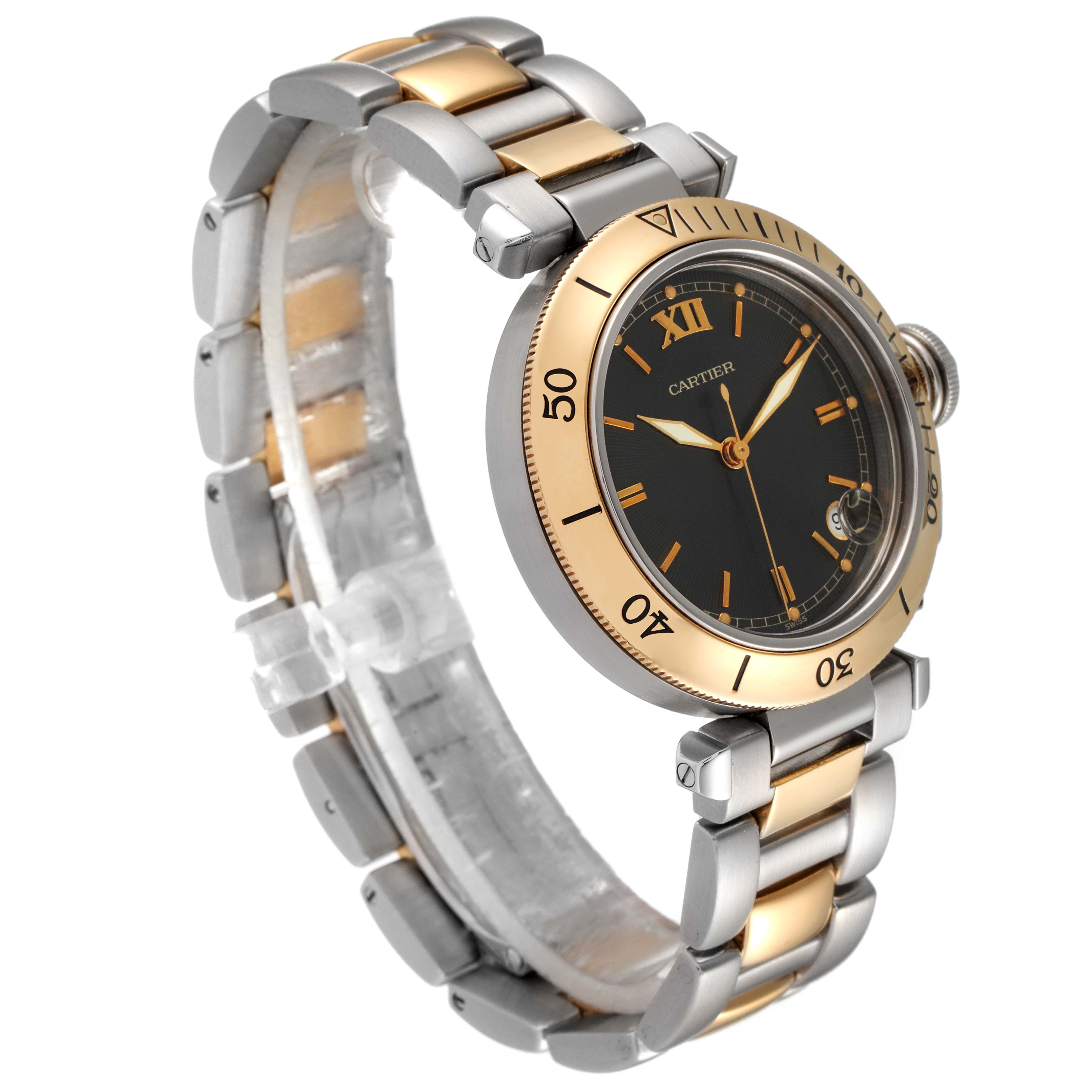 The Cartier Pasha W31016N1 Men
s Steel and Gold (two tone) Grey Dial W31016N1 Men
s Steel and Gold (two tone) Grey Dial watch is shown at a three-quarter angle, displaying the face, crown, bezel, and two-tone bracelet.