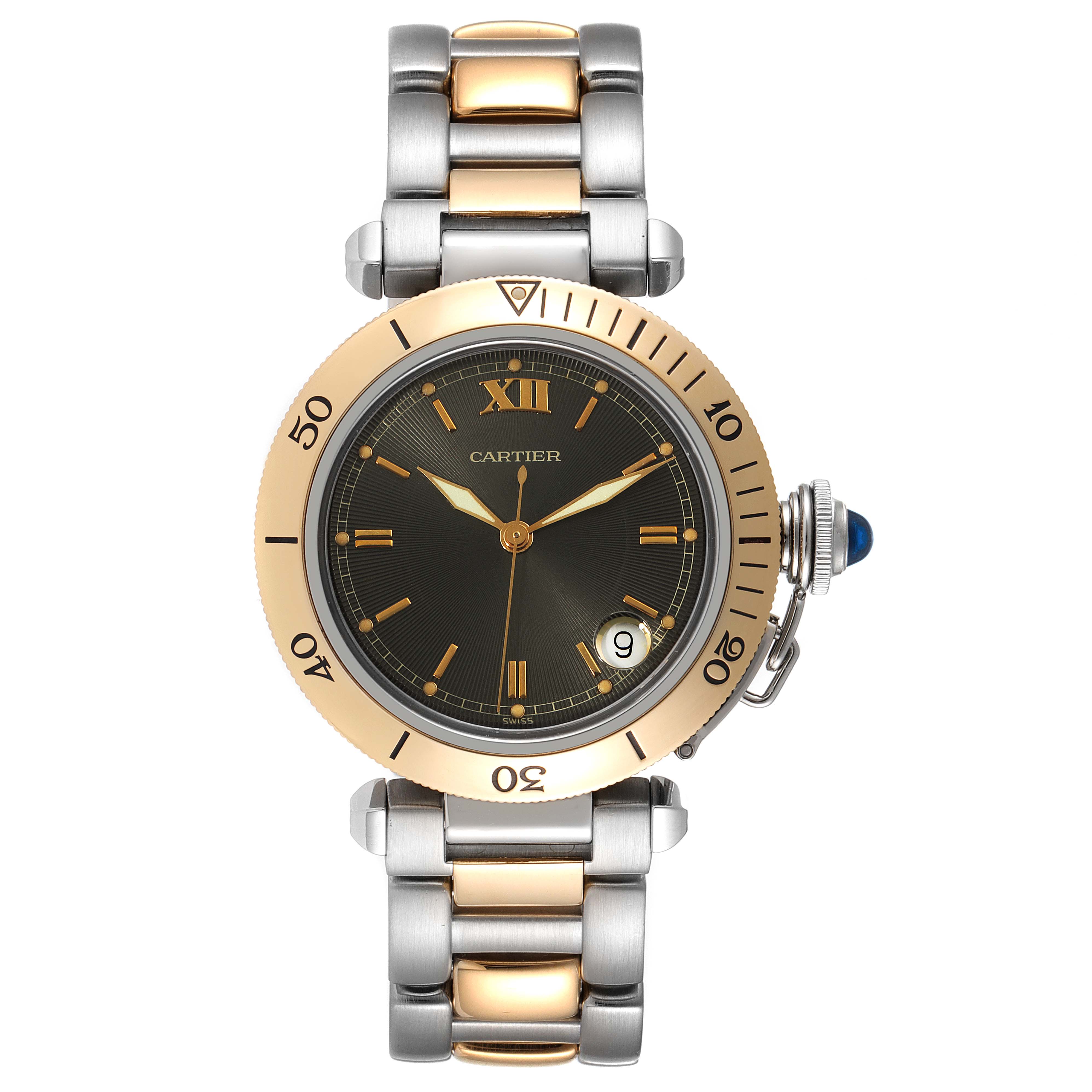 This image shows a front view of the Cartier Pasha W31016N1 Men
s Steel and Gold (two tone) Grey Dial W31016N1 Men
s Steel and Gold (two tone) Grey Dial watch, displaying its bezel, dial, hands, and bracelet.