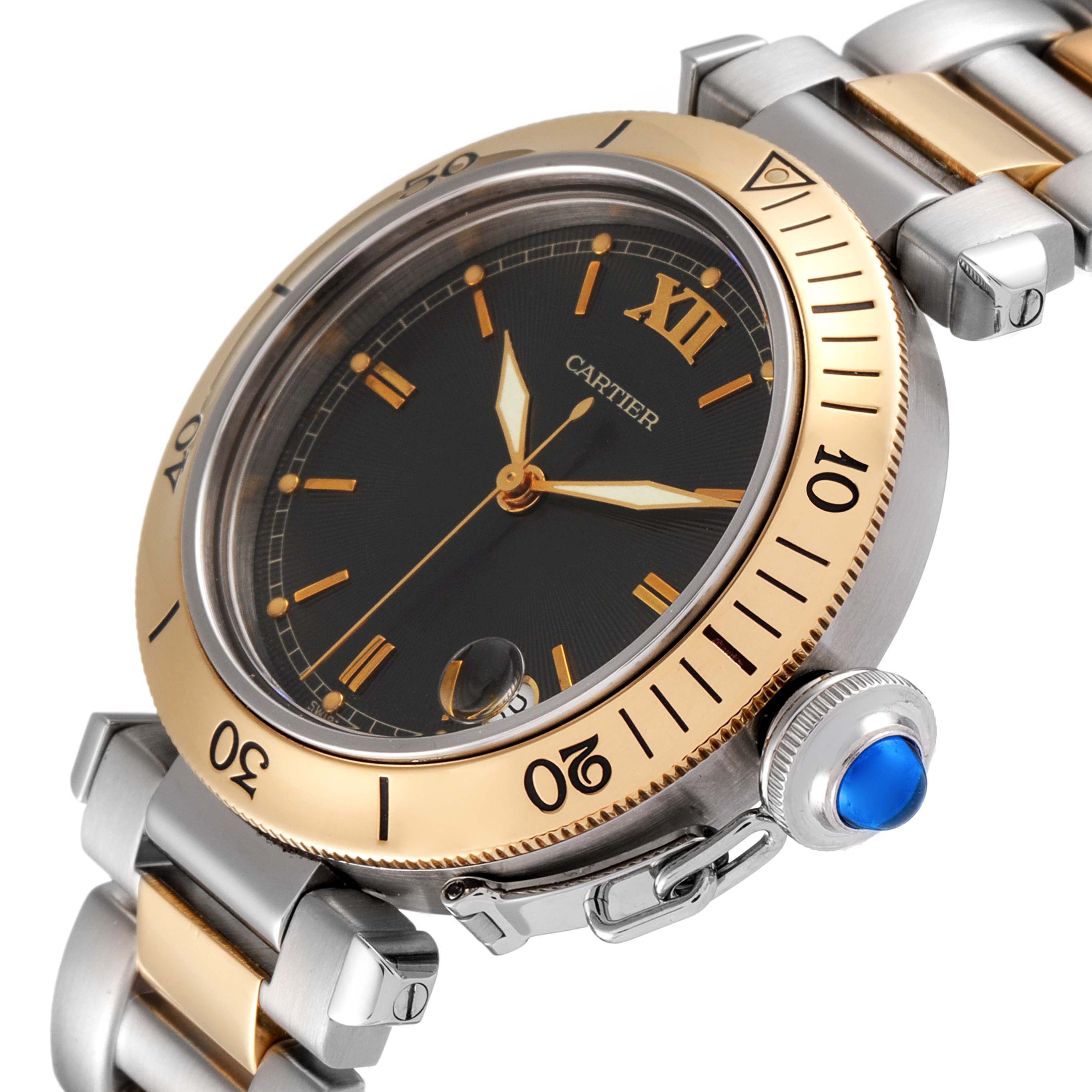 This image shows a side angle of the Cartier Pasha W31016N1 Men
s Steel and Gold (two tone) Grey Dial W31016N1 Men
s Steel and Gold (two tone) Grey Dial watch, highlighting its bezel, dial, crown with blue cabochon, and bracelet.