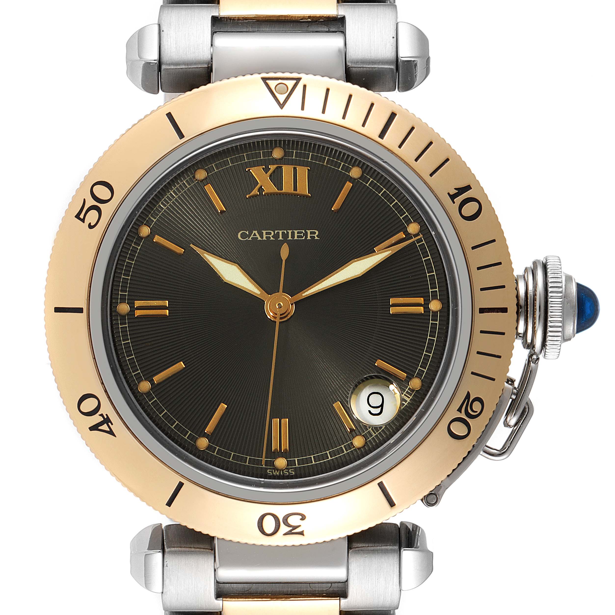 The image shows a front view of the Pasha model by Cartier, including the dial, bezel, hands, crown, and part of the bracelet.