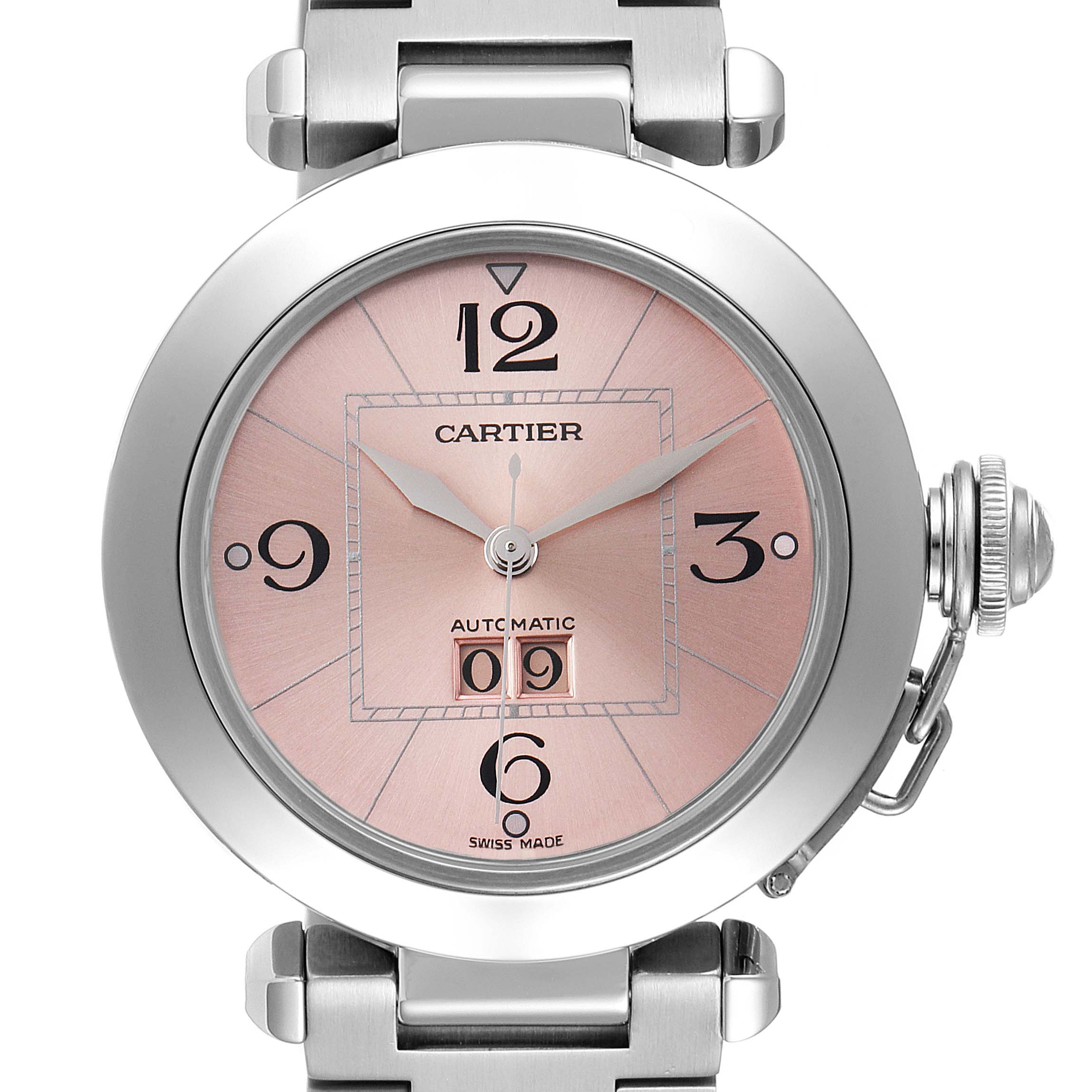 This image shows the front face and crown of the Cartier Pasha W31058M7 Women's Stainless Steel Pink Dial W31058M7 Women's Stainless Steel Pink Dial watch with a silver bracelet and pink dial.