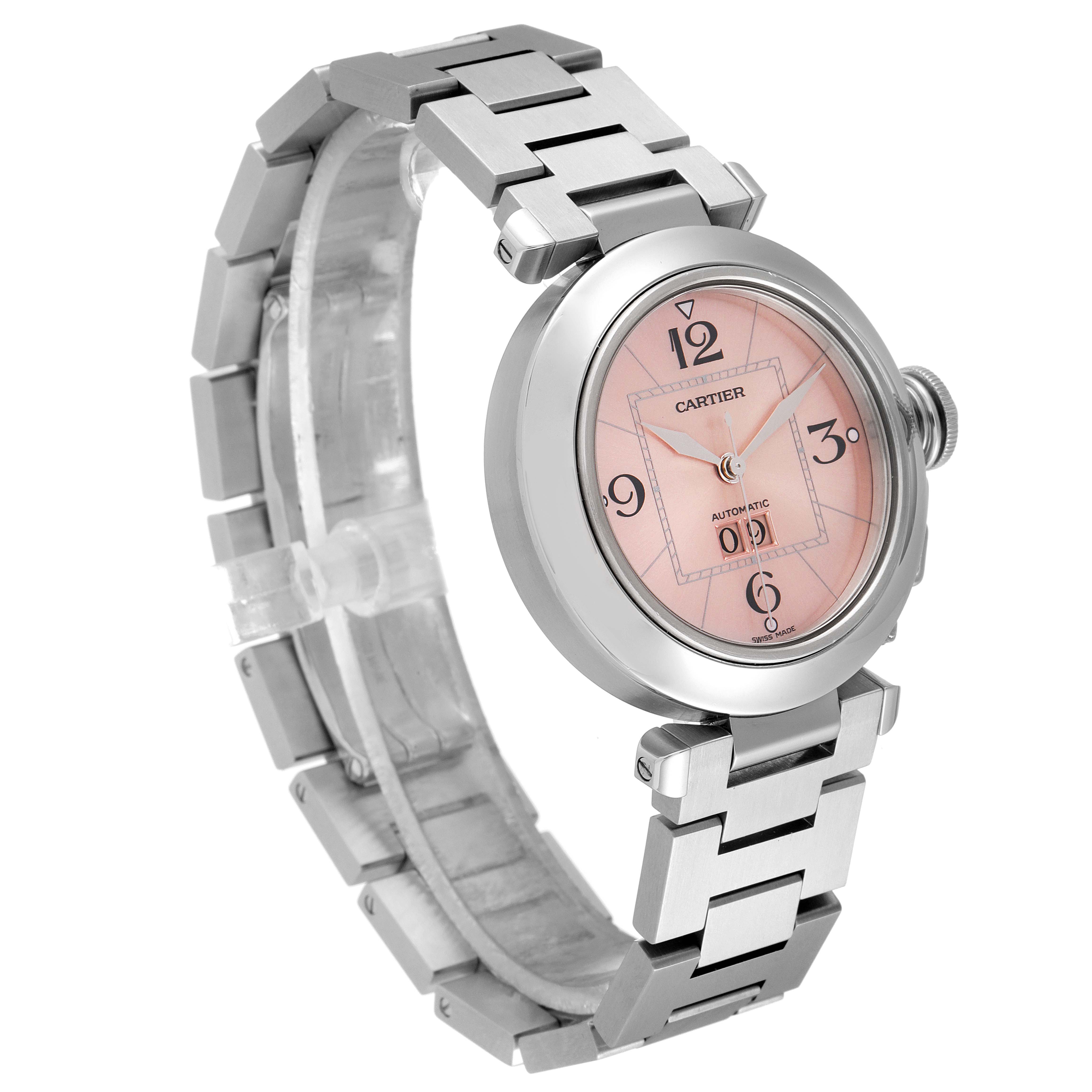 The image shows a side-angle view of the Cartier Pasha W31058M7 Women's Stainless Steel Pink Dial W31058M7 Women's Stainless Steel Pink Dial watch, highlighting its bracelet, case, and dial.