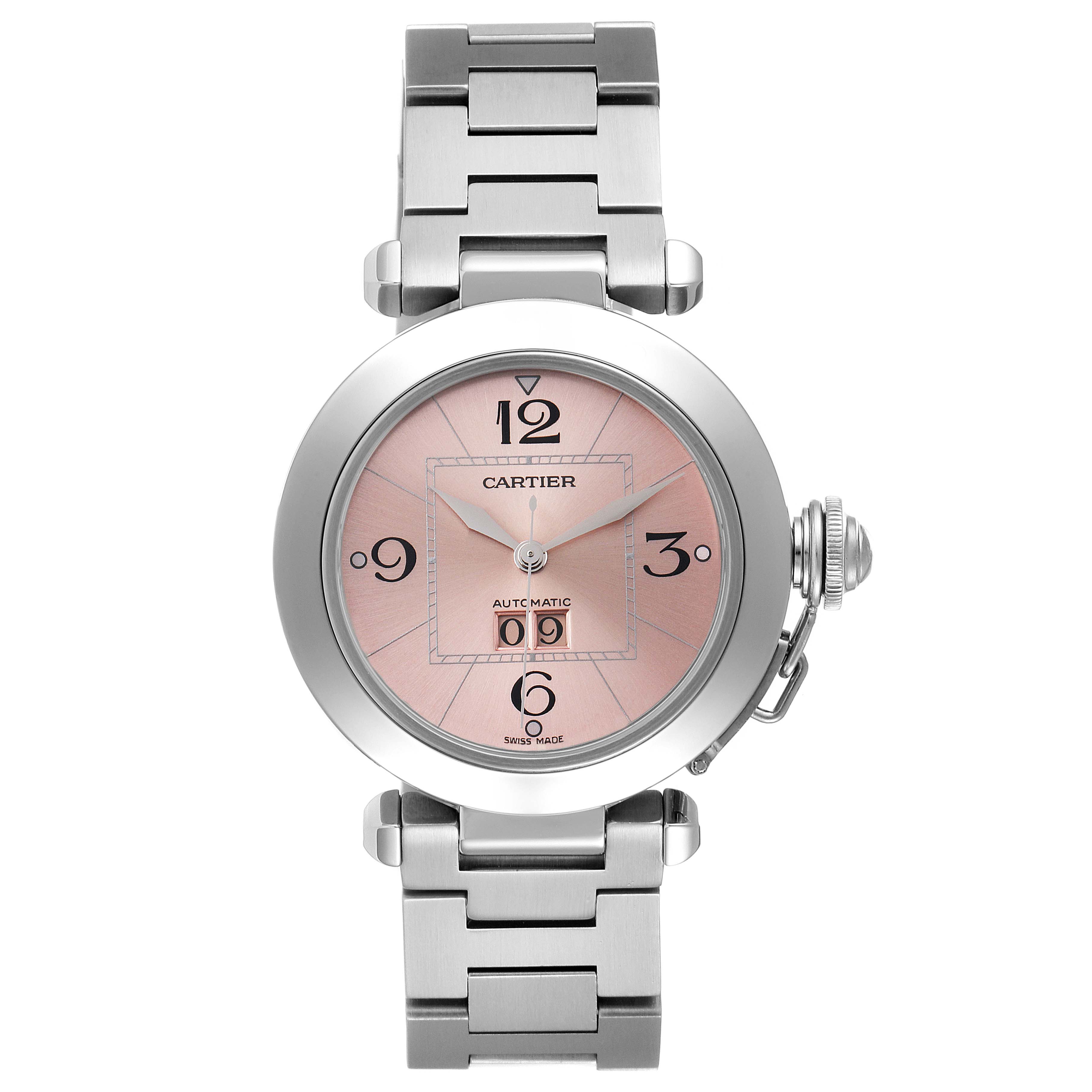 This is a front view of the Cartier Pasha W31058M7 Women's Stainless Steel Pink Dial W31058M7 Women's Stainless Steel Pink Dial watch, displaying its round face, pink dial, distinctive numerals, and metal bracelet.