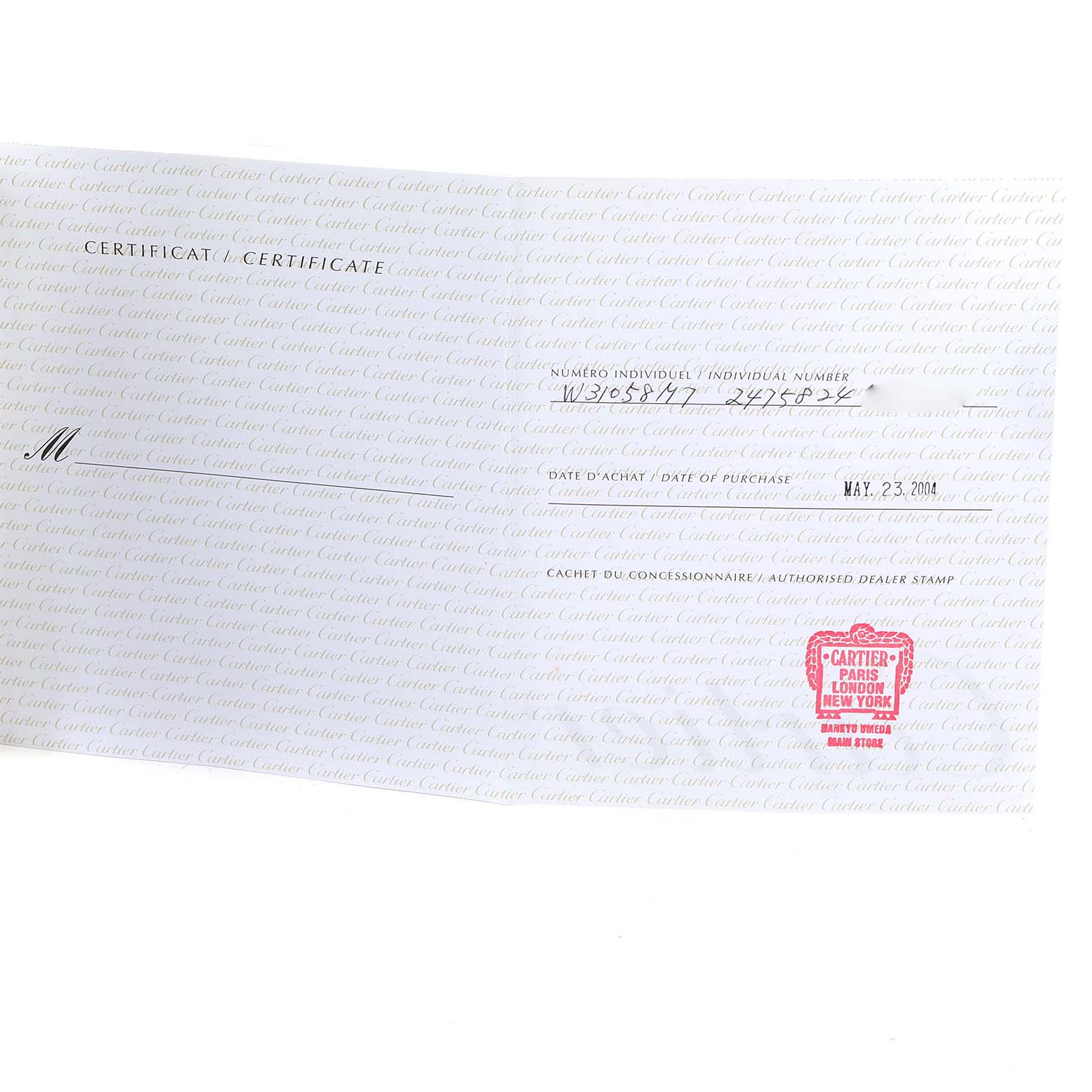 The image shows a certificate for a Pasha model by Cartier, including purchase date and individual number.