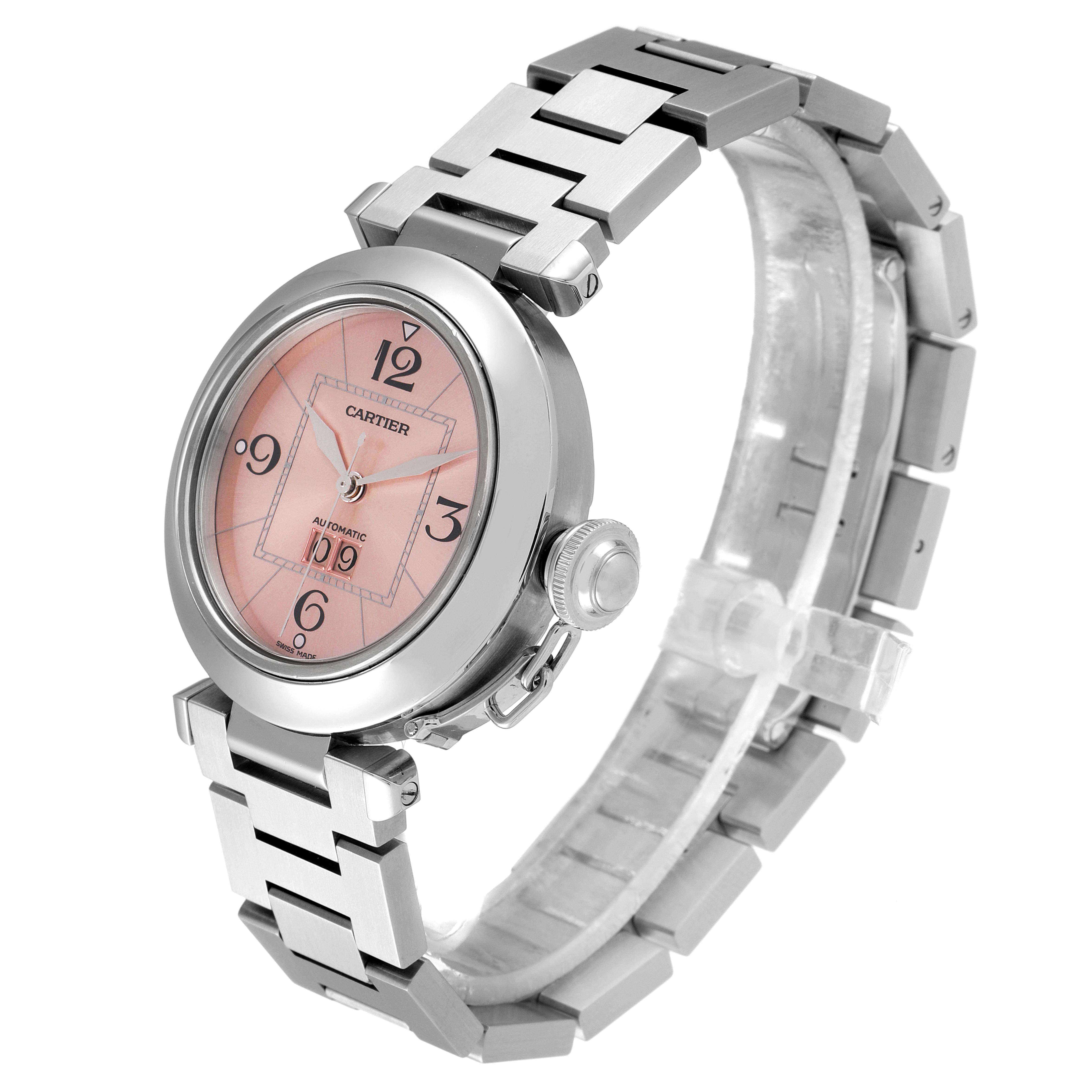 The image shows a Cartier Pasha W31058M7 Women's Stainless Steel Pink Dial W31058M7 Women's Stainless Steel Pink Dial watch at a three-quarter angle, highlighting the dial, crown, and stainless steel bracelet.