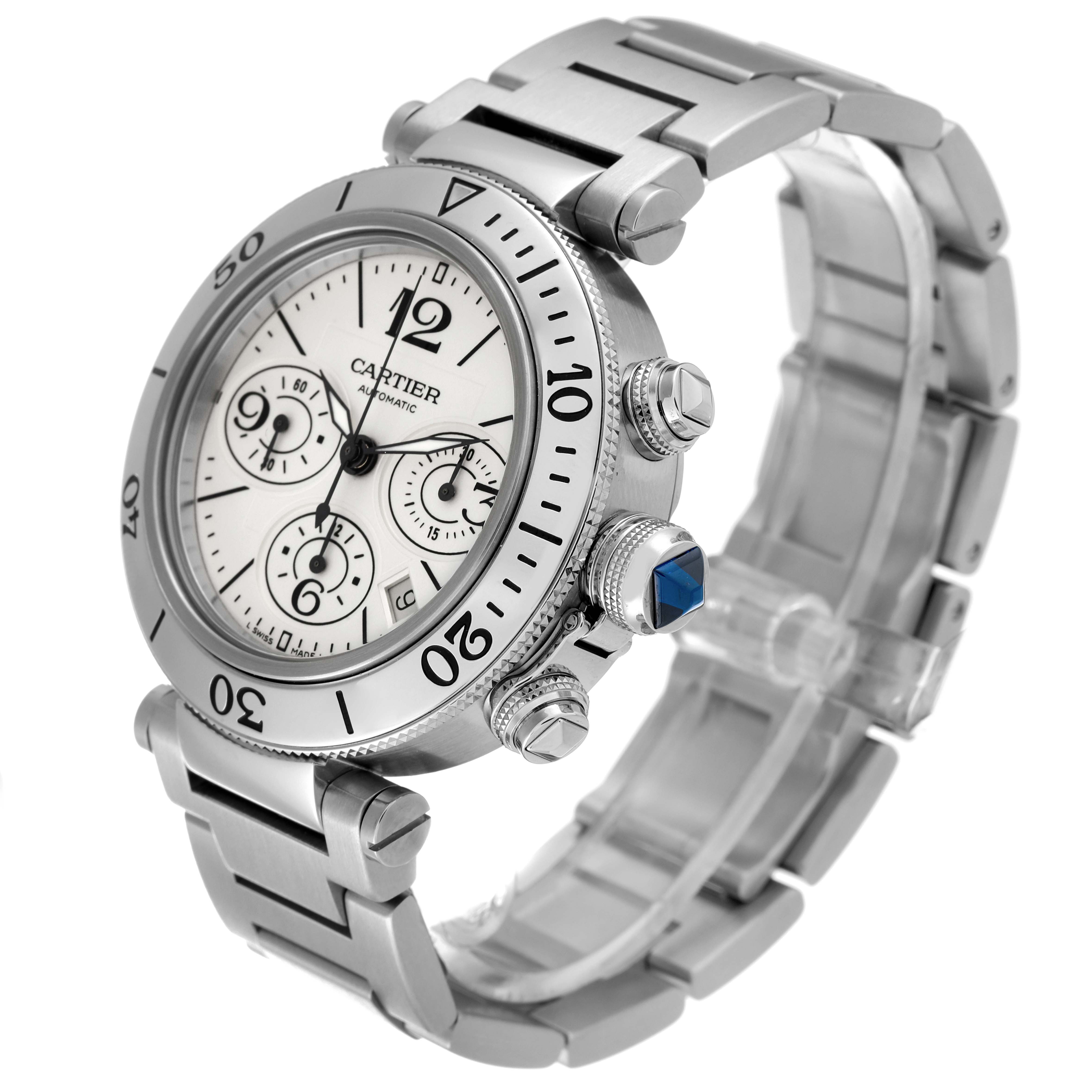 The Cartier Pasha W31089M7 Men's Stainless Steel Silver Dial W31089M7 Men's Stainless Steel Silver Dial watch is shown at a three-quarter angle, displaying the face, crown, subdials, and a portion of the metal bracelet.