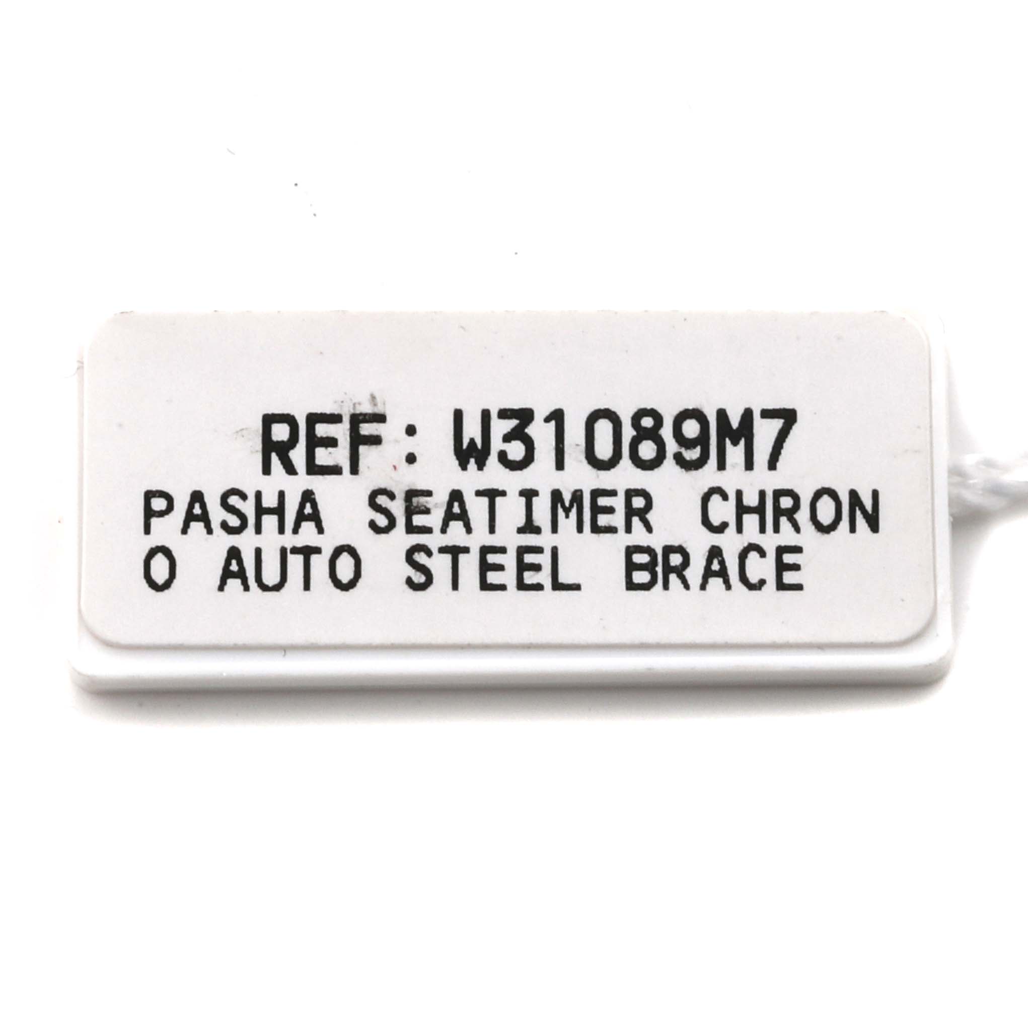 The image shows a tag for the Cartier Pasha W31089M7 Men's Stainless Steel Silver Dial W31089M7 Men's Stainless Steel Silver Dial Seatimer Chrono with reference number W31089M7.