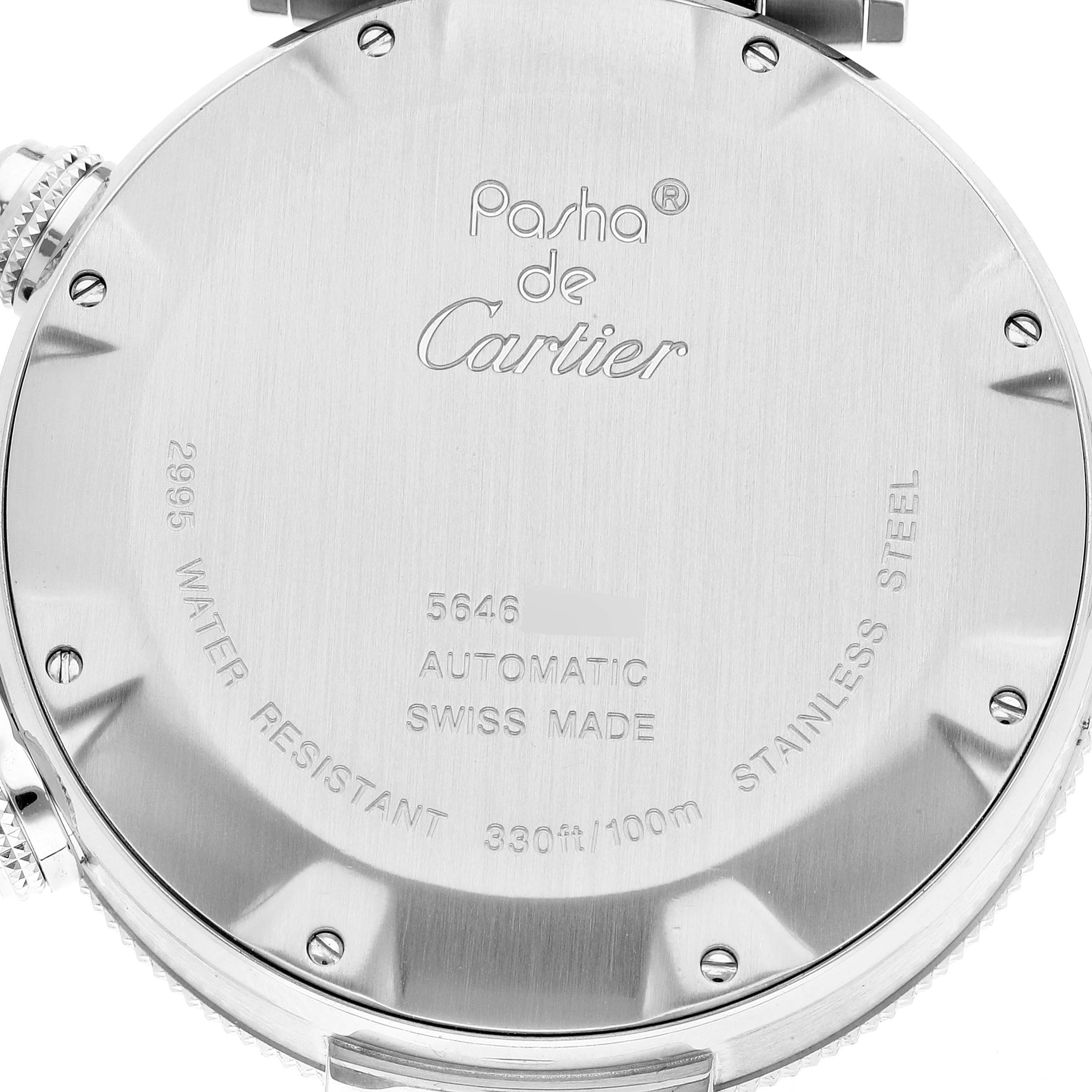 This image shows the back plate of a Cartier Pasha W31089M7 Men's Stainless Steel Silver Dial W31089M7 Men's Stainless Steel Silver Dial watch, highlighting its specifications.