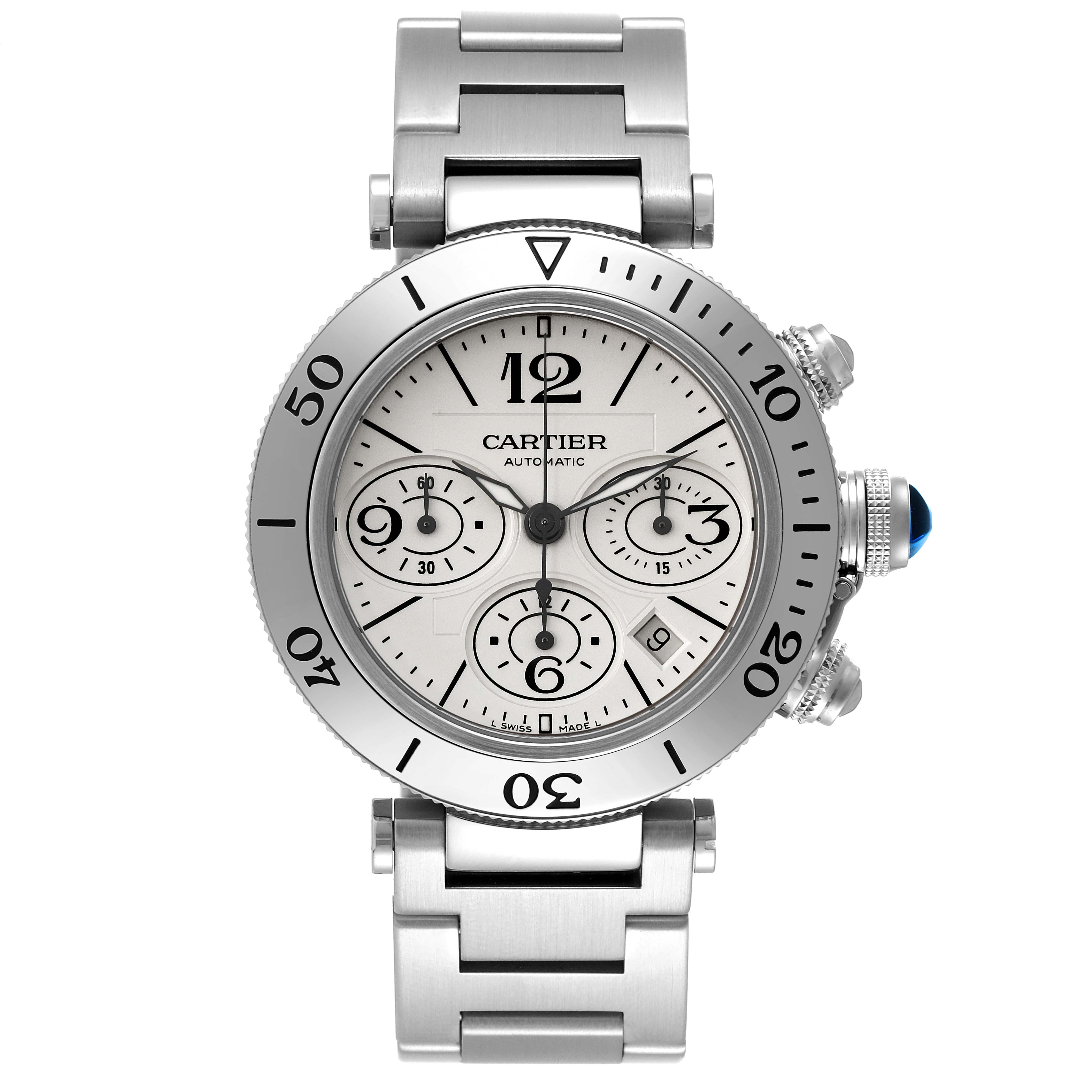 The image shows a frontal view of the Cartier Pasha W31089M7 Men's Stainless Steel Silver Dial W31089M7 Men's Stainless Steel Silver Dial watch, highlighting its dial, bezel, and metal bracelet.