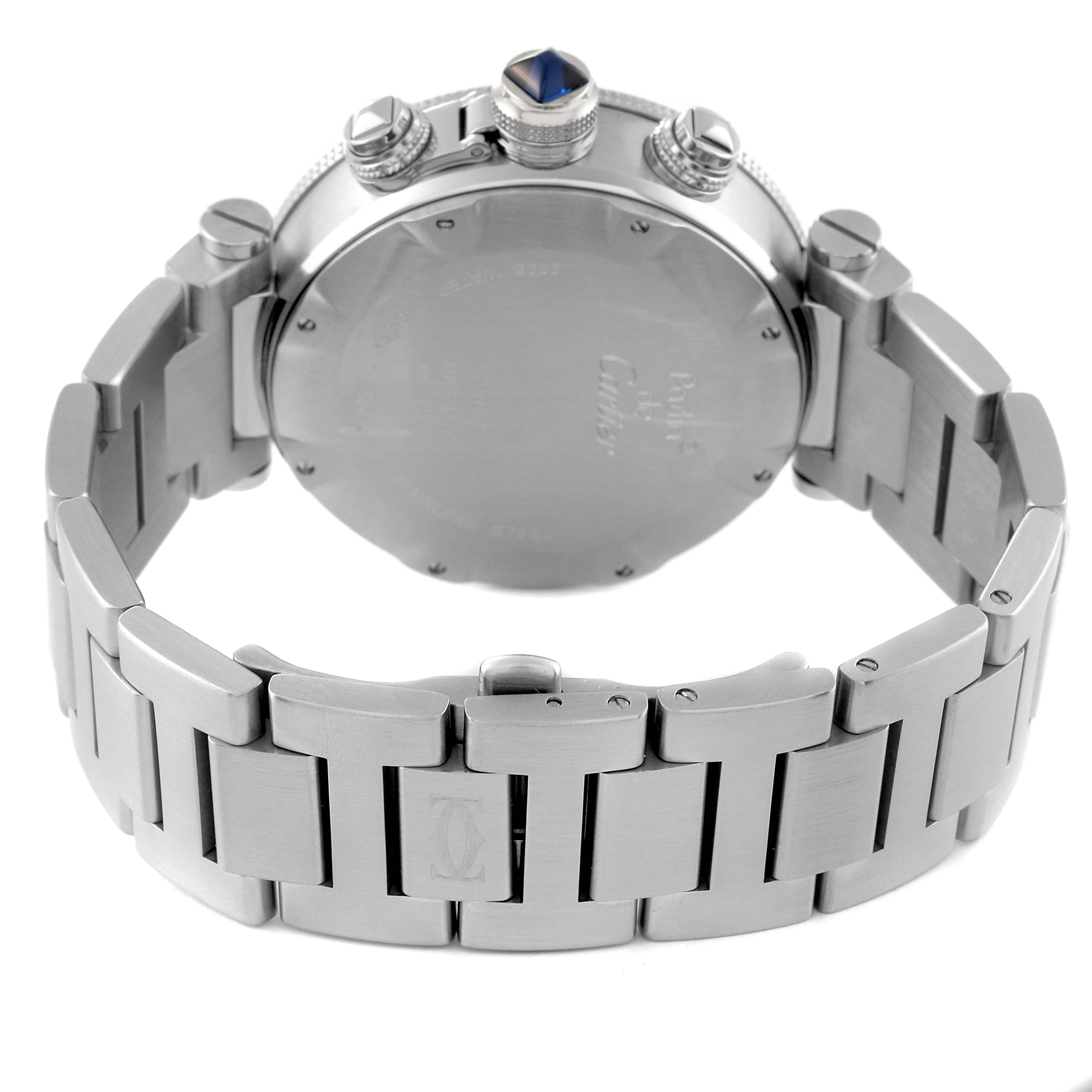 The image shows the back case and bracelet of a Cartier Pasha W31089M7 Men's Stainless Steel Silver Dial W31089M7 Men's Stainless Steel Silver Dial watch at an angle that highlights its crown and pushers.