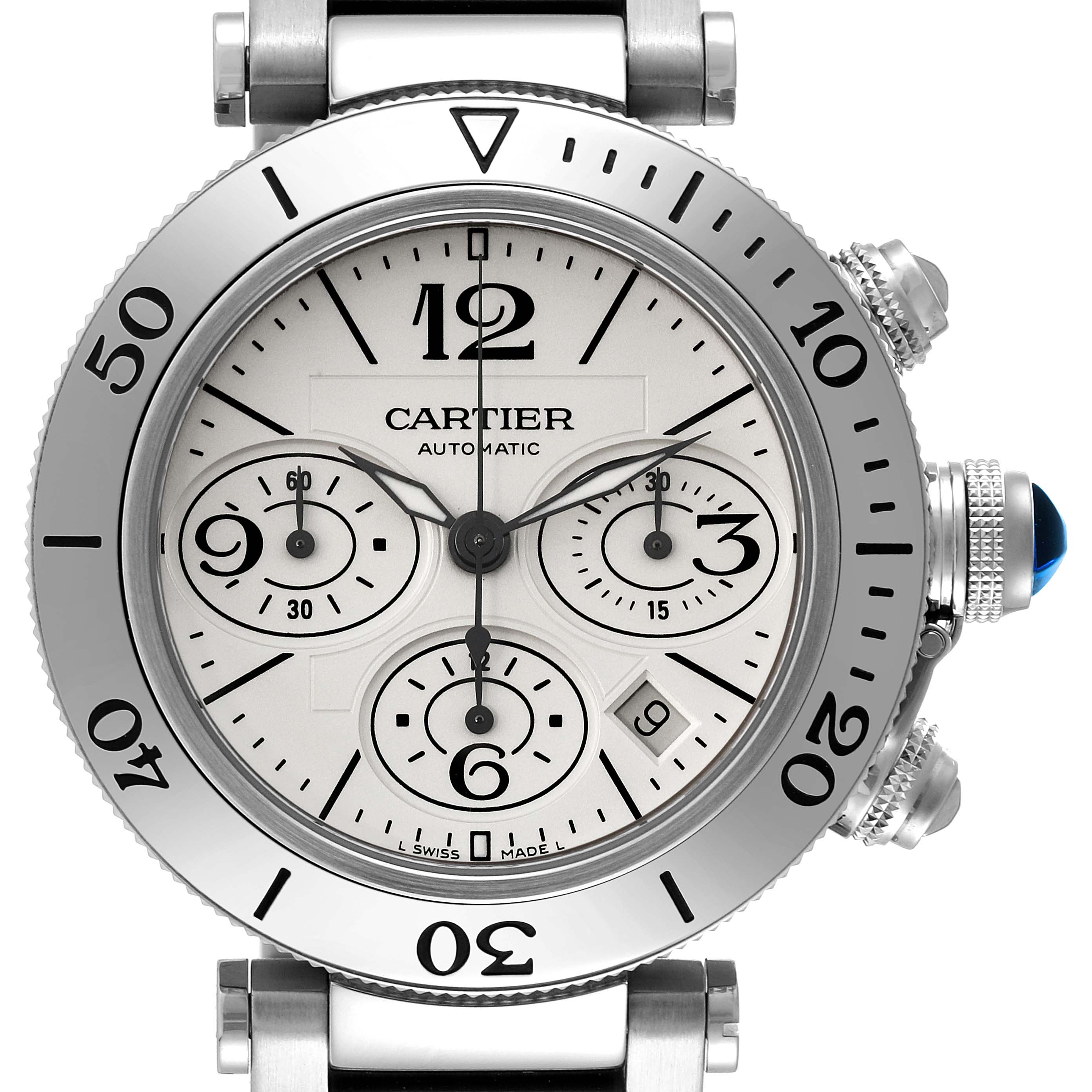 This image shows a front view of the Cartier Pasha W31089M7 Men's Stainless Steel Silver Dial W31089M7 Men's Stainless Steel Silver Dial watch model, highlighting its face and bezel.