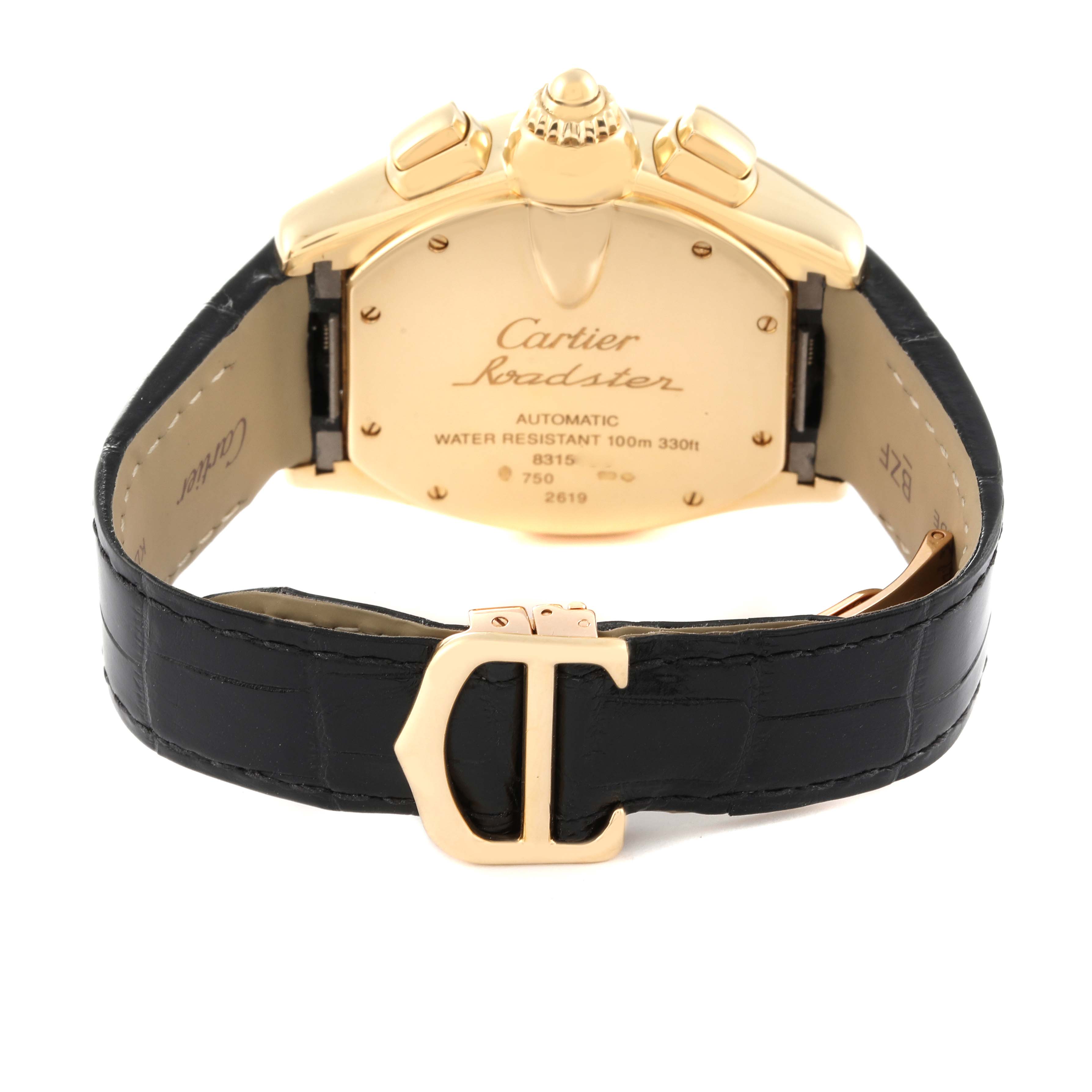 The image shows the back case and strap of a Cartier Roadster W62021Y3 Men's Yellow Gold Silver Dial W62021Y3 Men's Yellow Gold Silver Dial watch from a rear angle.