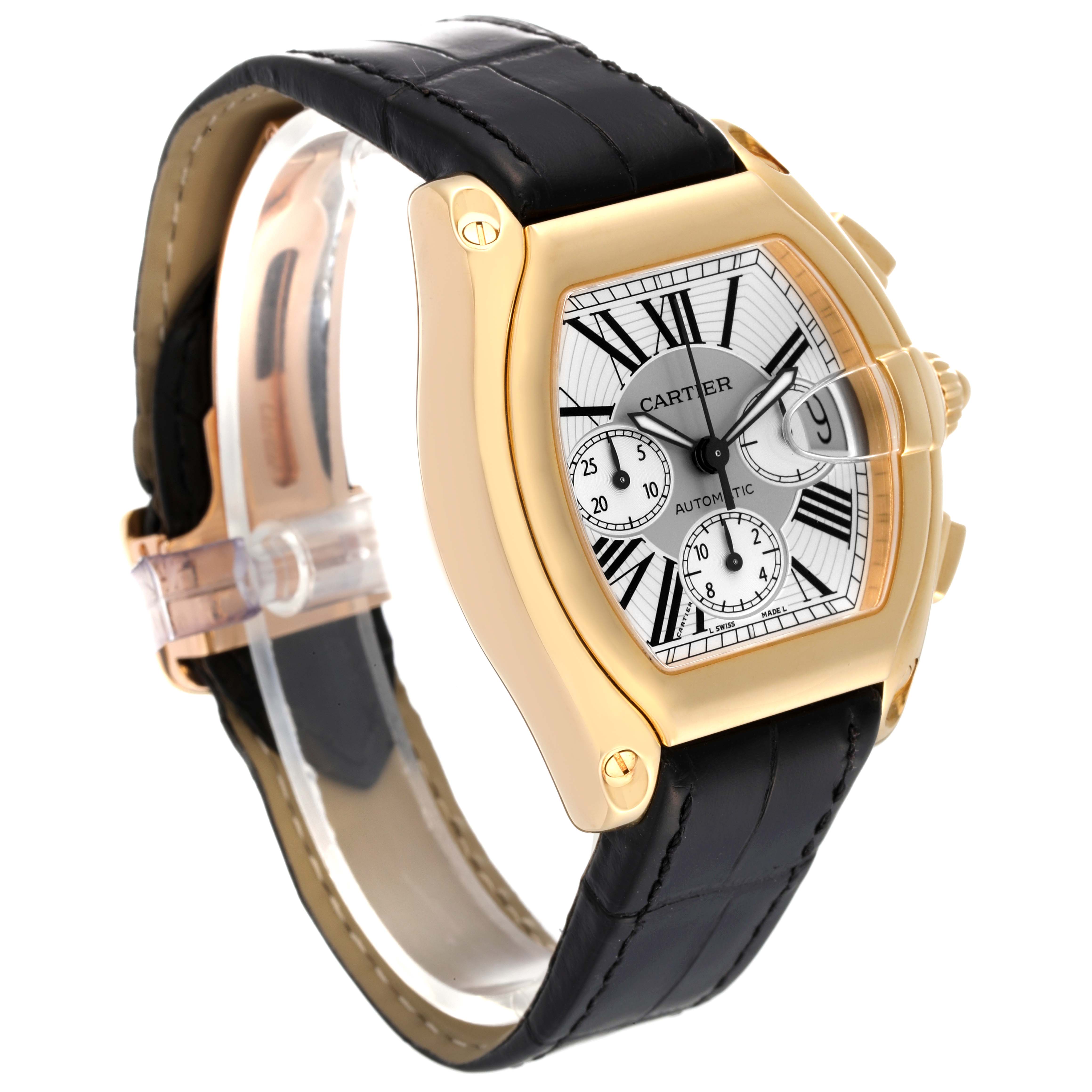 This image shows a Cartier Roadster W62021Y3 Men's Yellow Gold Silver Dial W62021Y3 Men's Yellow Gold Silver Dial watch from a three-quarter angle, highlighting its face, bezel, and black leather strap.