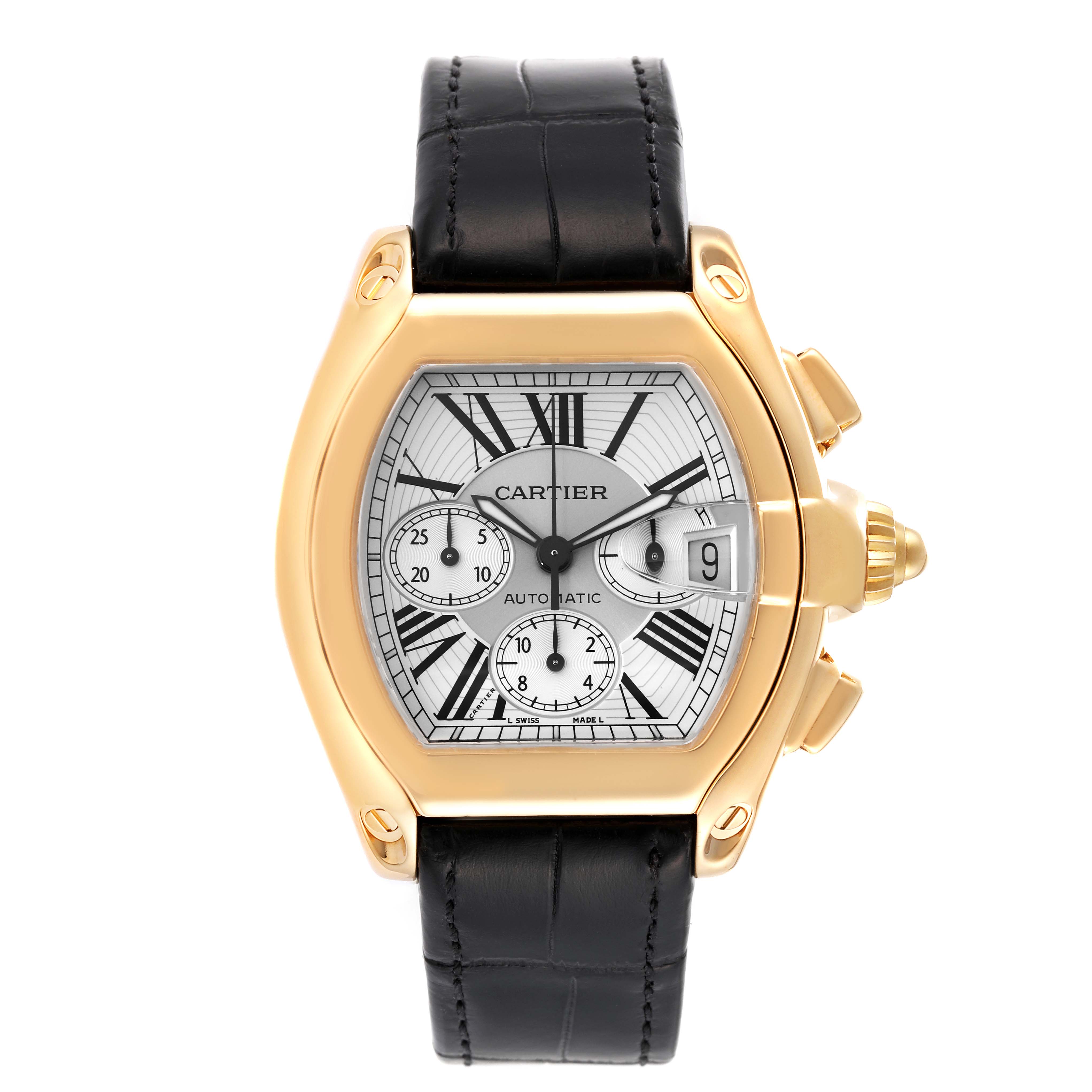The image shows a front view of a Cartier Roadster W62021Y3 Men's Yellow Gold Silver Dial W62021Y3 Men's Yellow Gold Silver Dial watch, highlighting its dial, two sub-dials, and black leather strap.