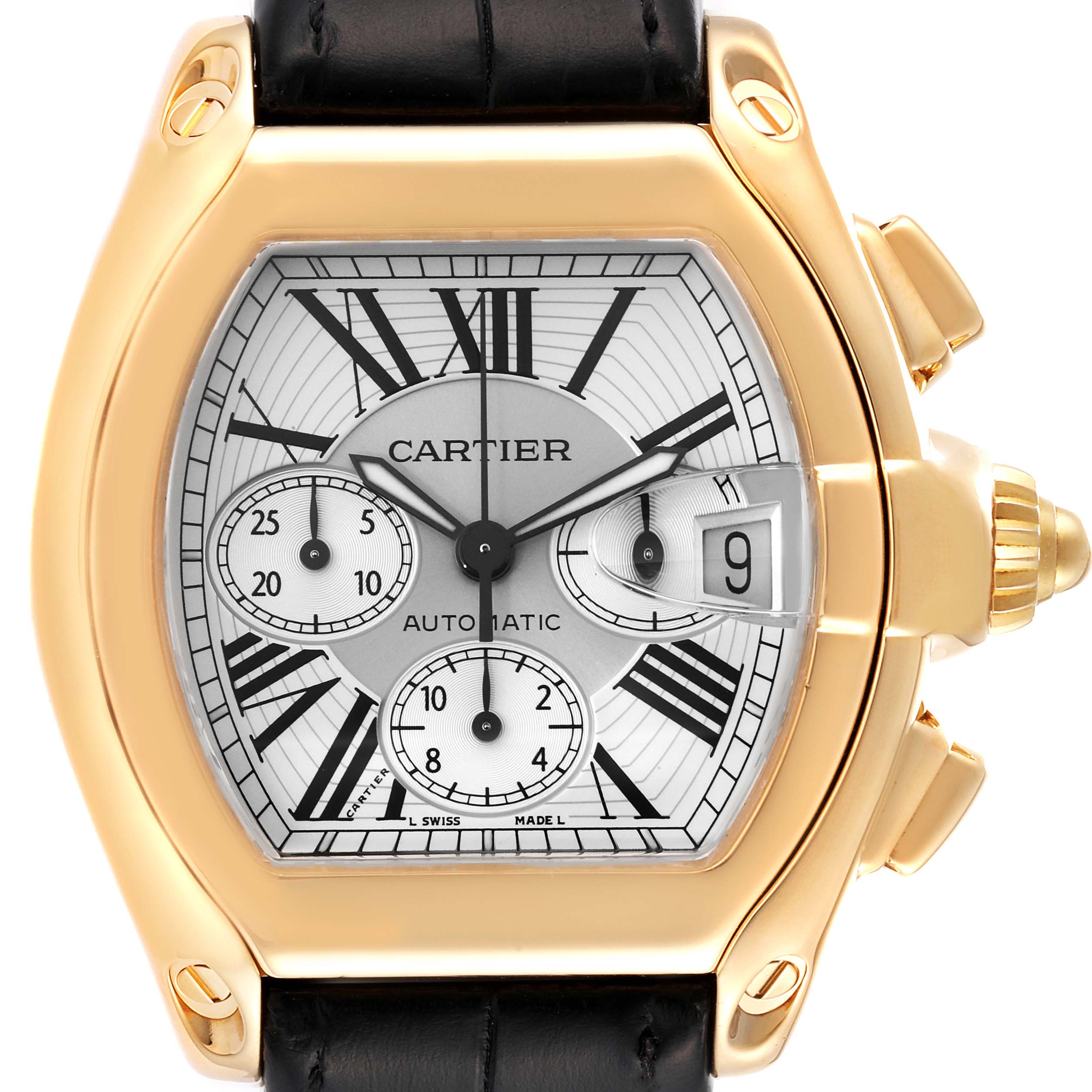 The image shows a close-up front view of the Cartier Roadster W62021Y3 Men's Yellow Gold Silver Dial W62021Y3 Men's Yellow Gold Silver Dial watch, featuring its face, crown, and part of the strap.