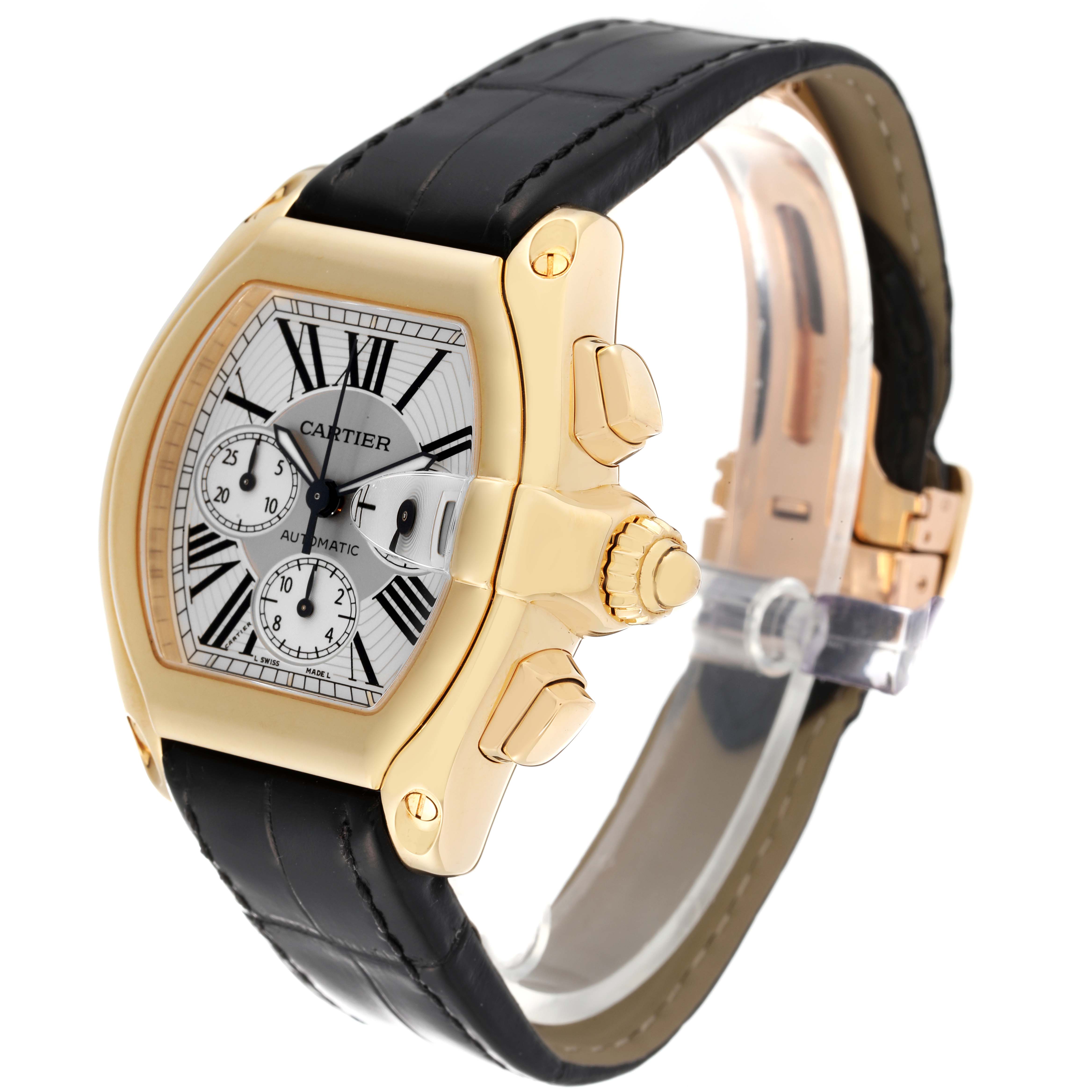 This image shows a Cartier Roadster W62021Y3 Men's Yellow Gold Silver Dial W62021Y3 Men's Yellow Gold Silver Dial watch from a three-quarter angle, highlighting the watch face, crown, and leather strap.