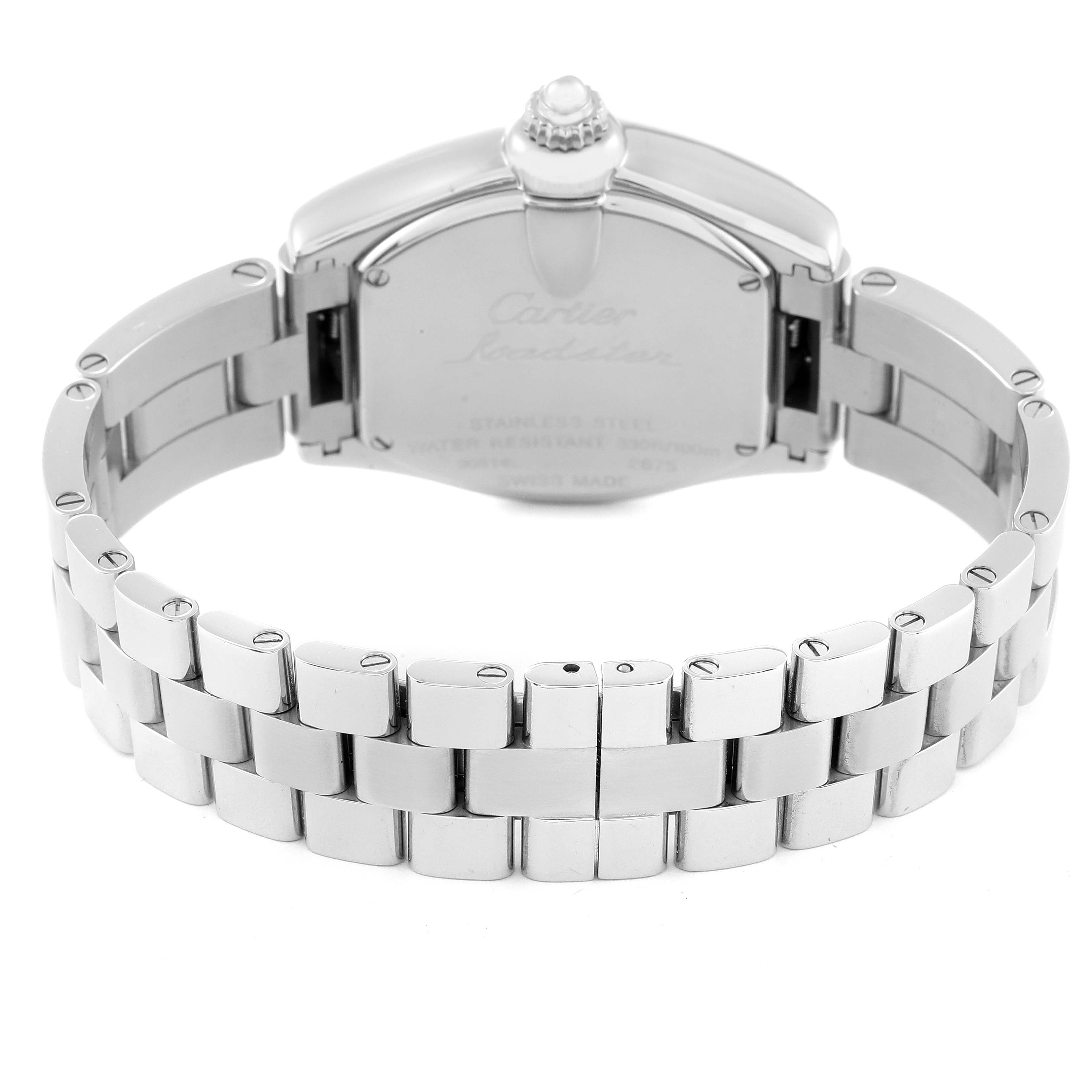 This image shows the back case and stainless steel bracelet of a Cartier Roadster W6206006 Women's Stainless Steel Mother of Pearl Dial W6206006 Women's Stainless Steel Mother of Pearl Dial model watch.