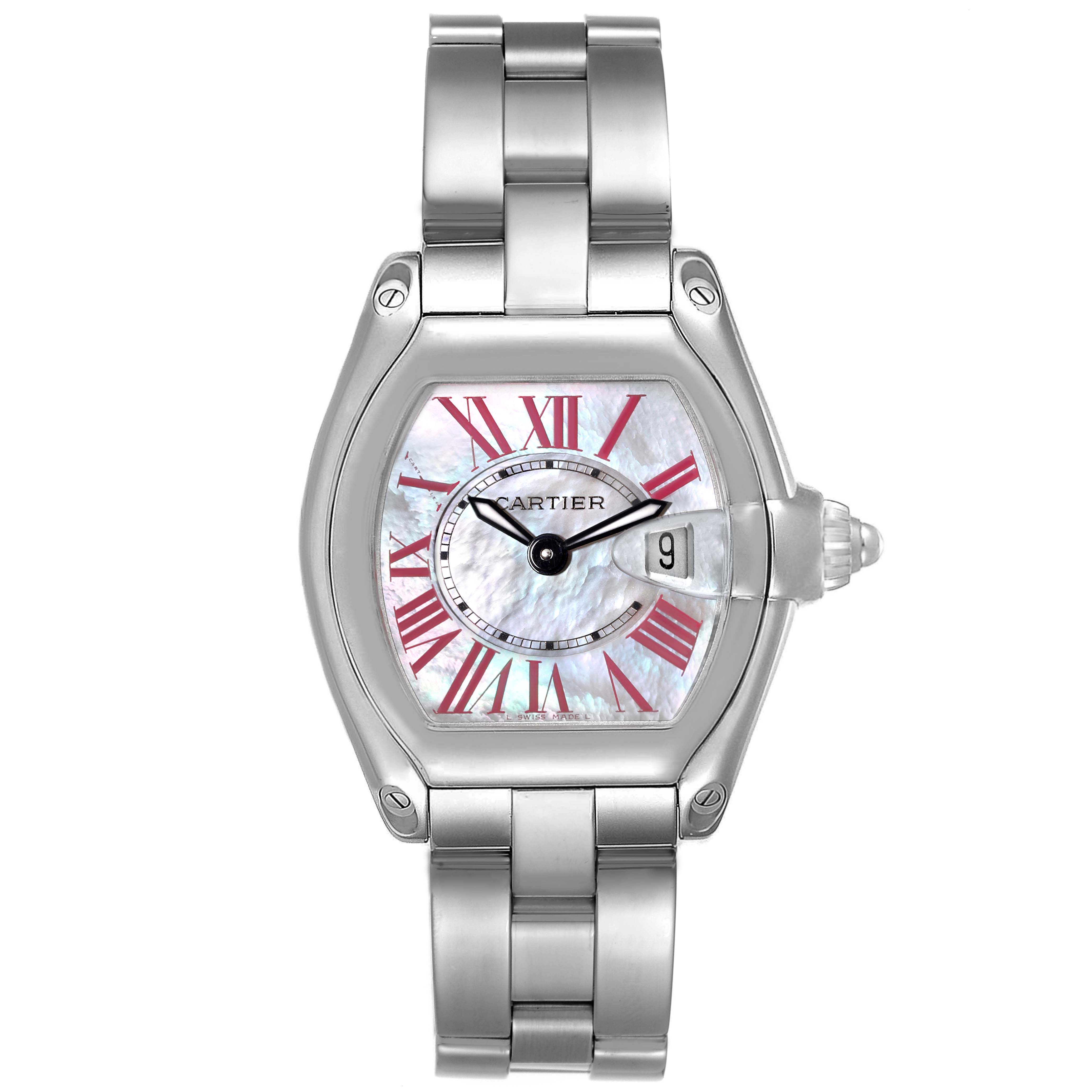 The image shows a front-angle view of the Cartier Roadster W6206006 Women's Stainless Steel Mother of Pearl Dial W6206006 Women's Stainless Steel Mother of Pearl Dial watch, showcasing its dial, case, and bracelet with red Roman numerals.