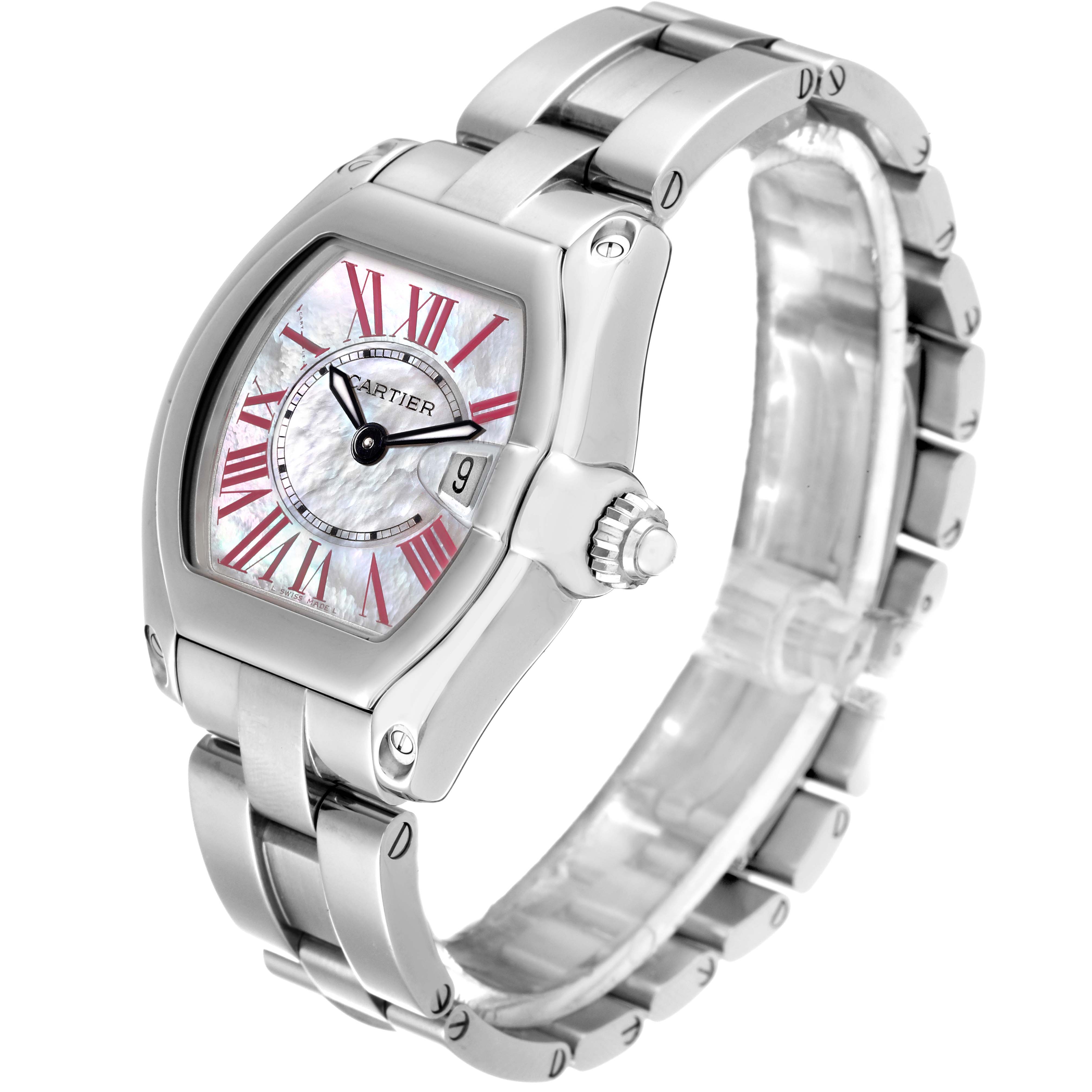 This image displays the Cartier Roadster W6206006 Women's Stainless Steel Mother of Pearl Dial W6206006 Women's Stainless Steel Mother of Pearl Dial watch at a three-quarter angle, showing its face, crown, and stainless steel bracelet.