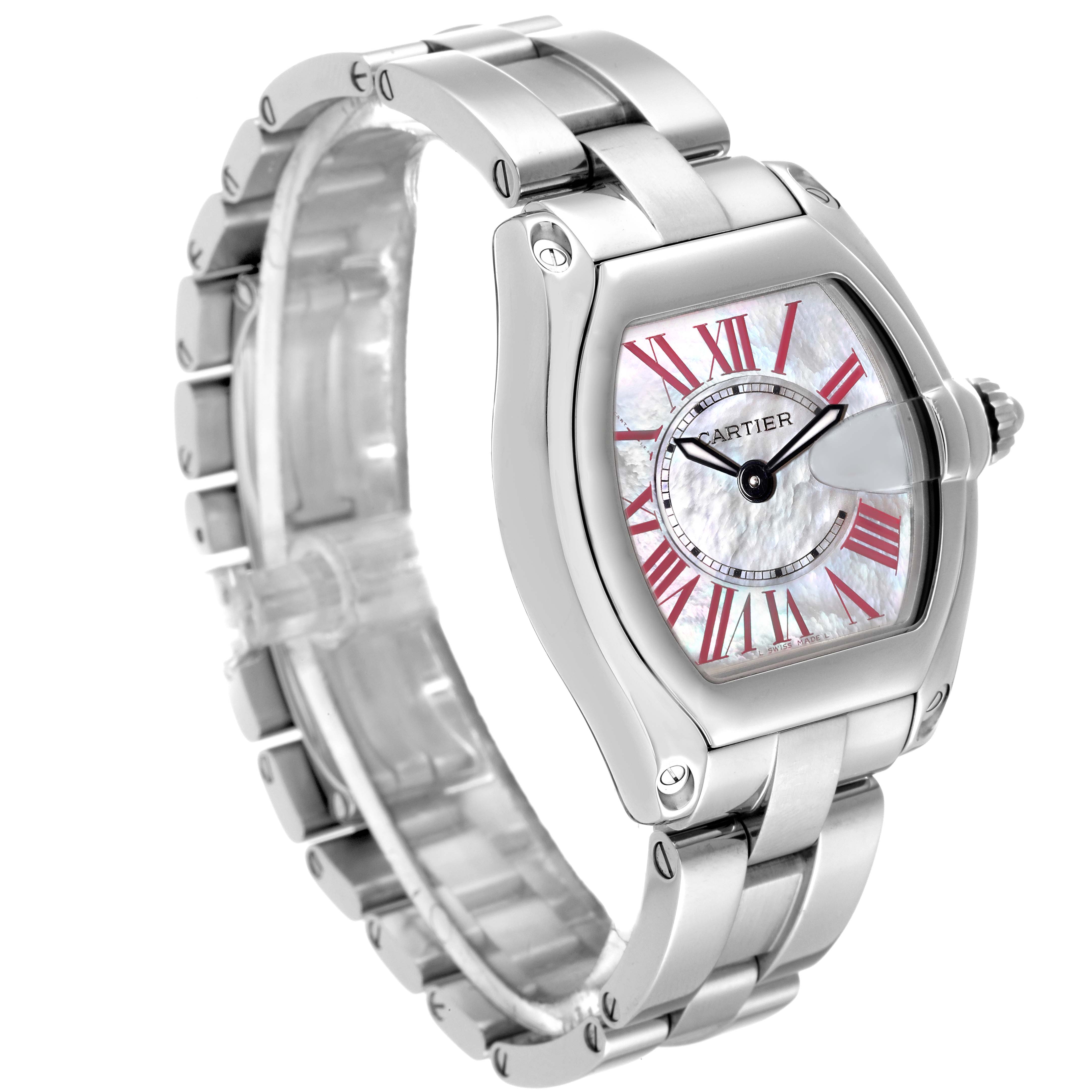 The Cartier Roadster W6206006 Women's Stainless Steel Mother of Pearl Dial W6206006 Women's Stainless Steel Mother of Pearl Dial watch is shown at a 3/4 angle, displaying its face, crown, and stainless steel bracelet.
