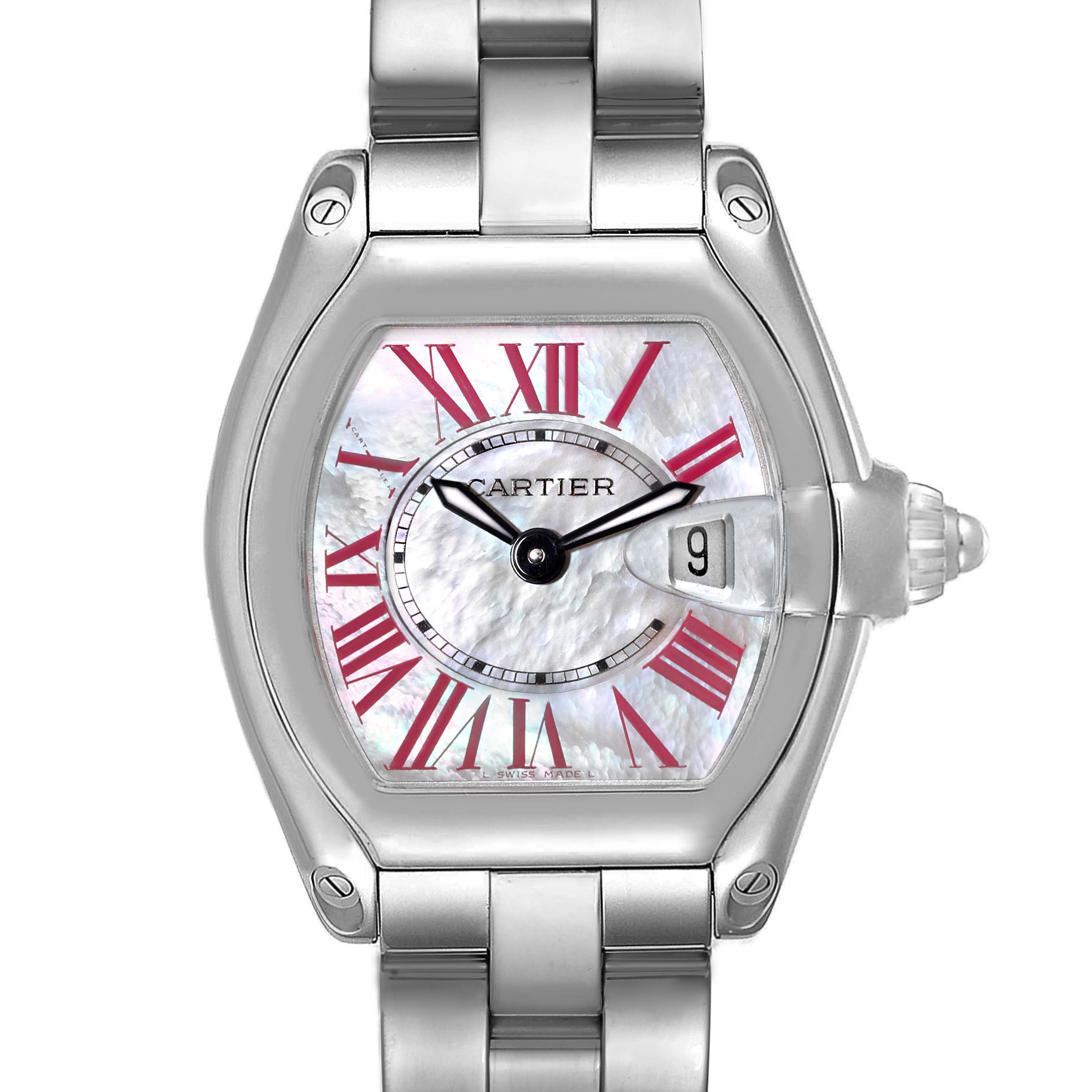 The image shows a front view of a Cartier Roadster W6206006 Women's Stainless Steel Mother of Pearl Dial W6206006 Women's Stainless Steel Mother of Pearl Dial watch, showcasing its dial, hands, and bracelet.