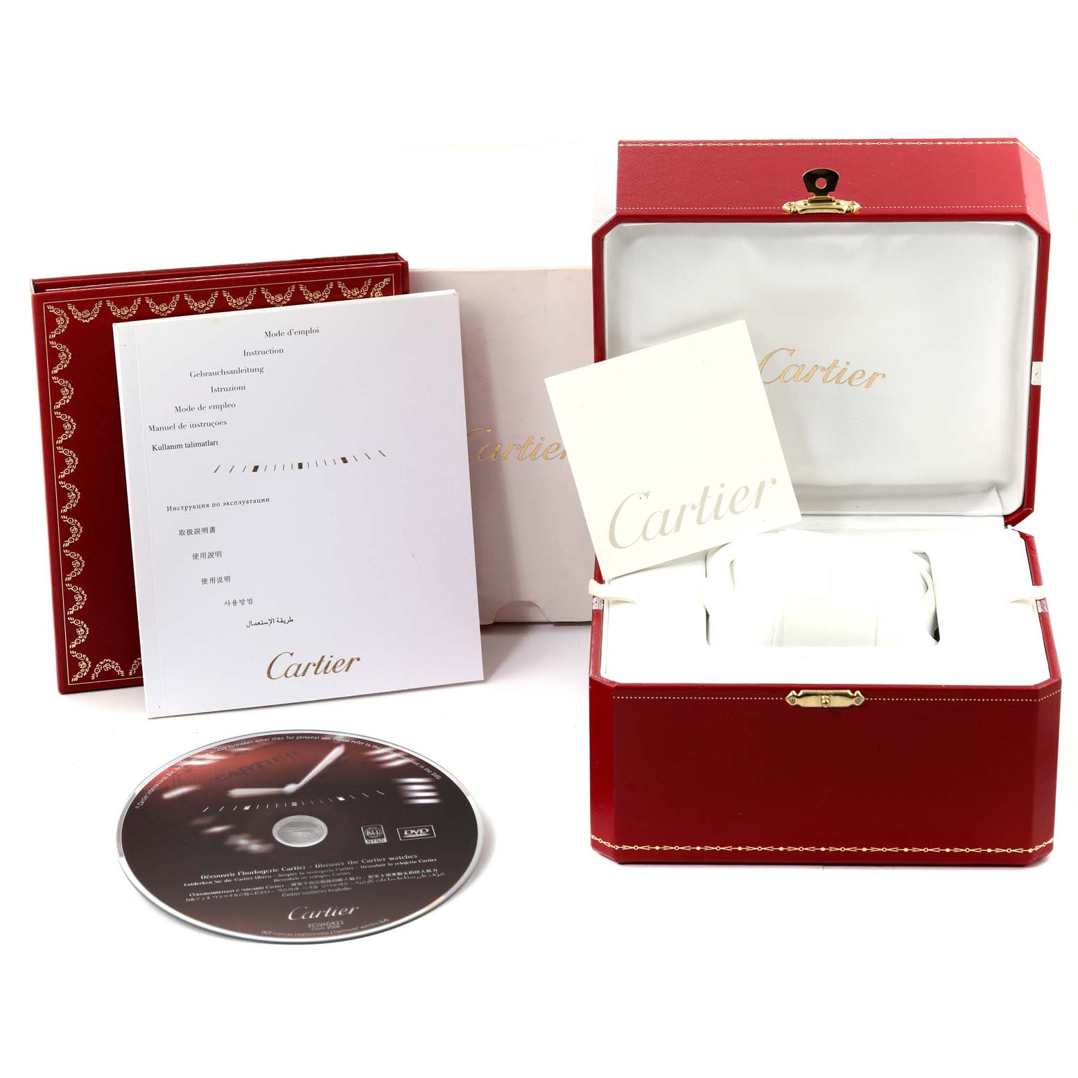 This image shows the box, manual, and accessories for the Cartier Roadster W6206006 Women's Stainless Steel Mother of Pearl Dial W6206006 Women's Stainless Steel Mother of Pearl Dial watch, including a CD and red presentation box.