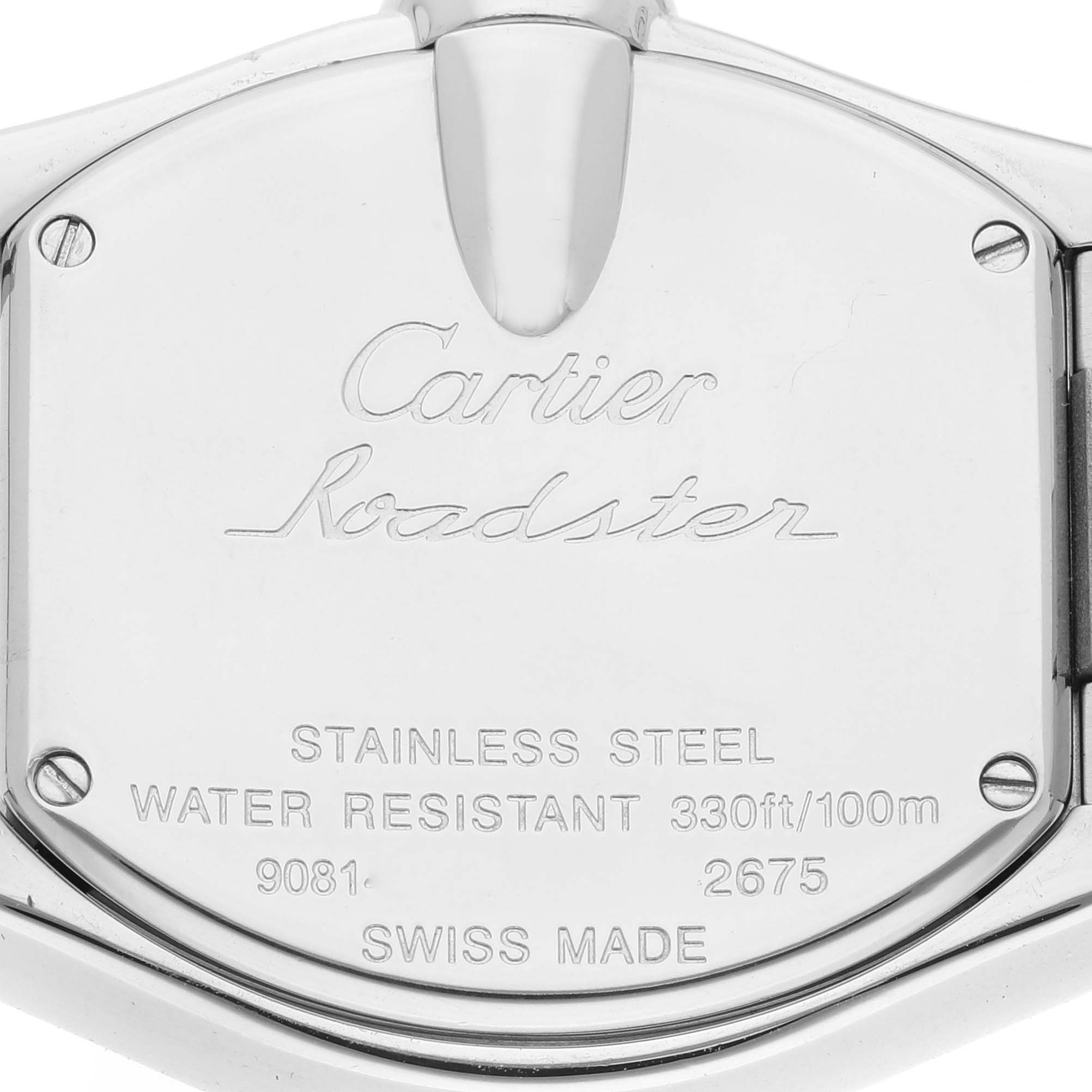 The image shows the back casing of a Cartier Roadster W6206006 Women's Stainless Steel Mother of Pearl Dial W6206006 Women's Stainless Steel Mother of Pearl Dial watch, highlighting engravings and material information.