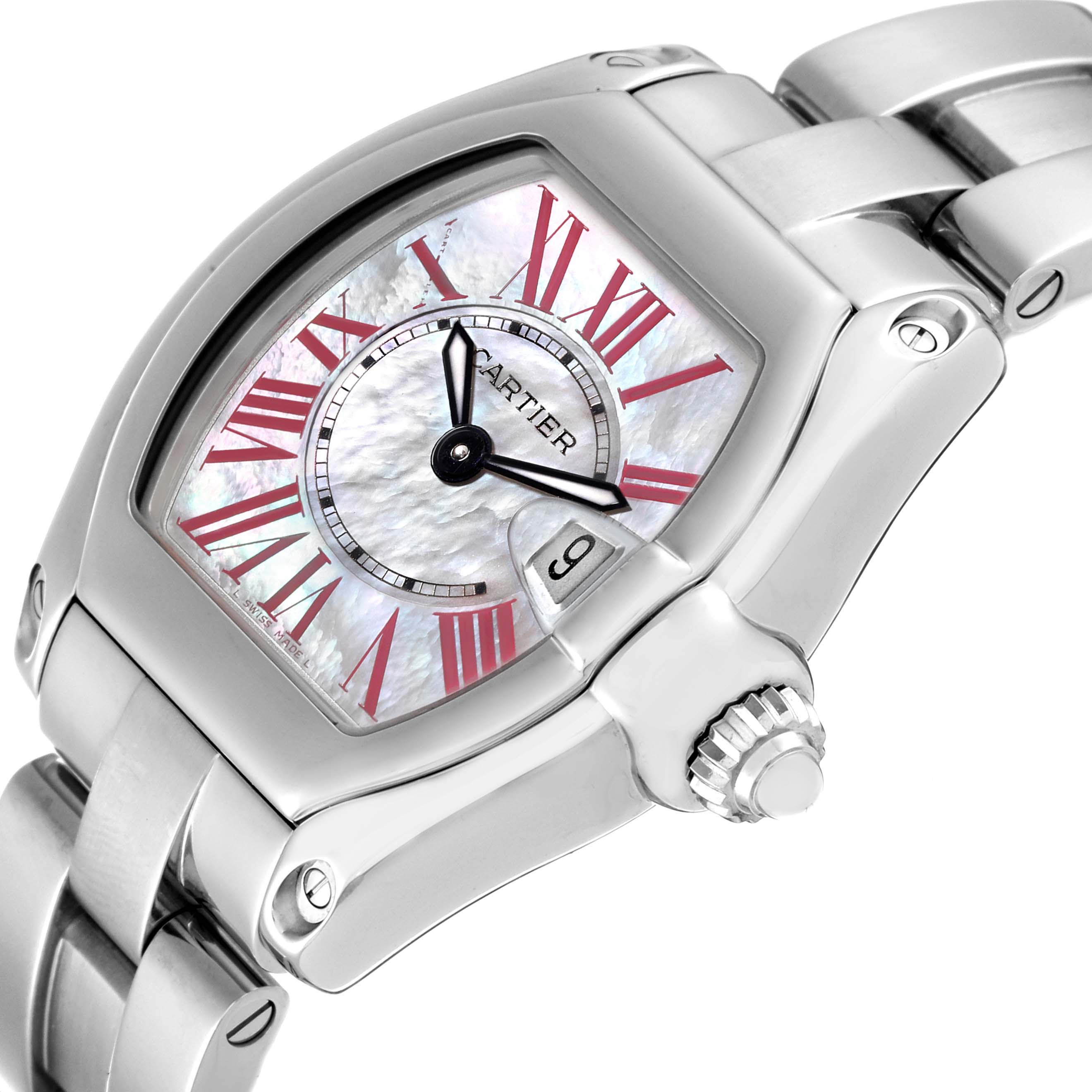 The Cartier Roadster W6206006 Women's Stainless Steel Mother of Pearl Dial W6206006 Women's Stainless Steel Mother of Pearl Dial watch is shown at an angled top-down view, highlighting its face, crown, and part of the bracelet.