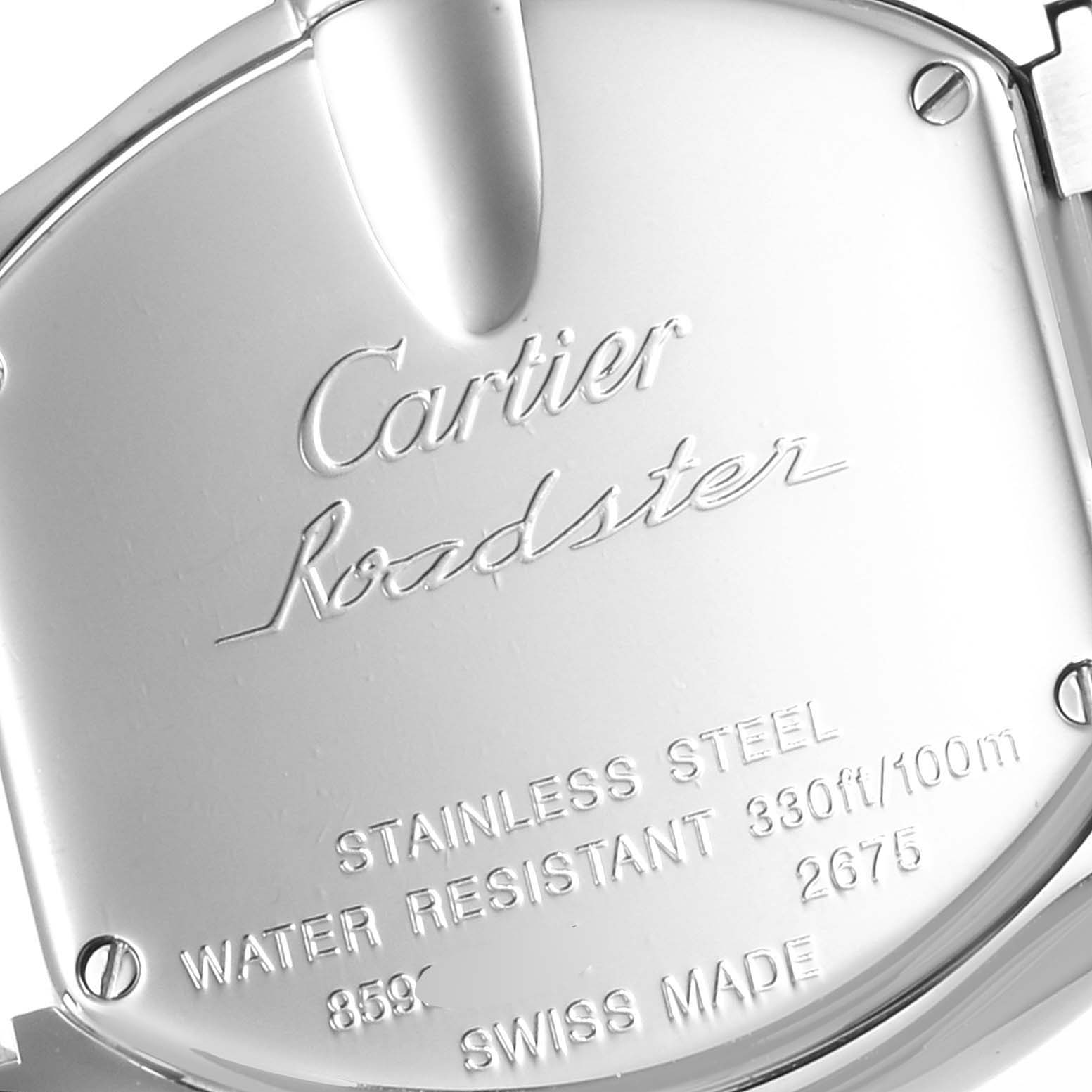 This image shows the back casing of a Cartier Roadster W62016V3 Women
s Stainless Steel Silver Dial W62016V3 Women
s Stainless Steel Silver Dial watch, highlighting its engravings and material.