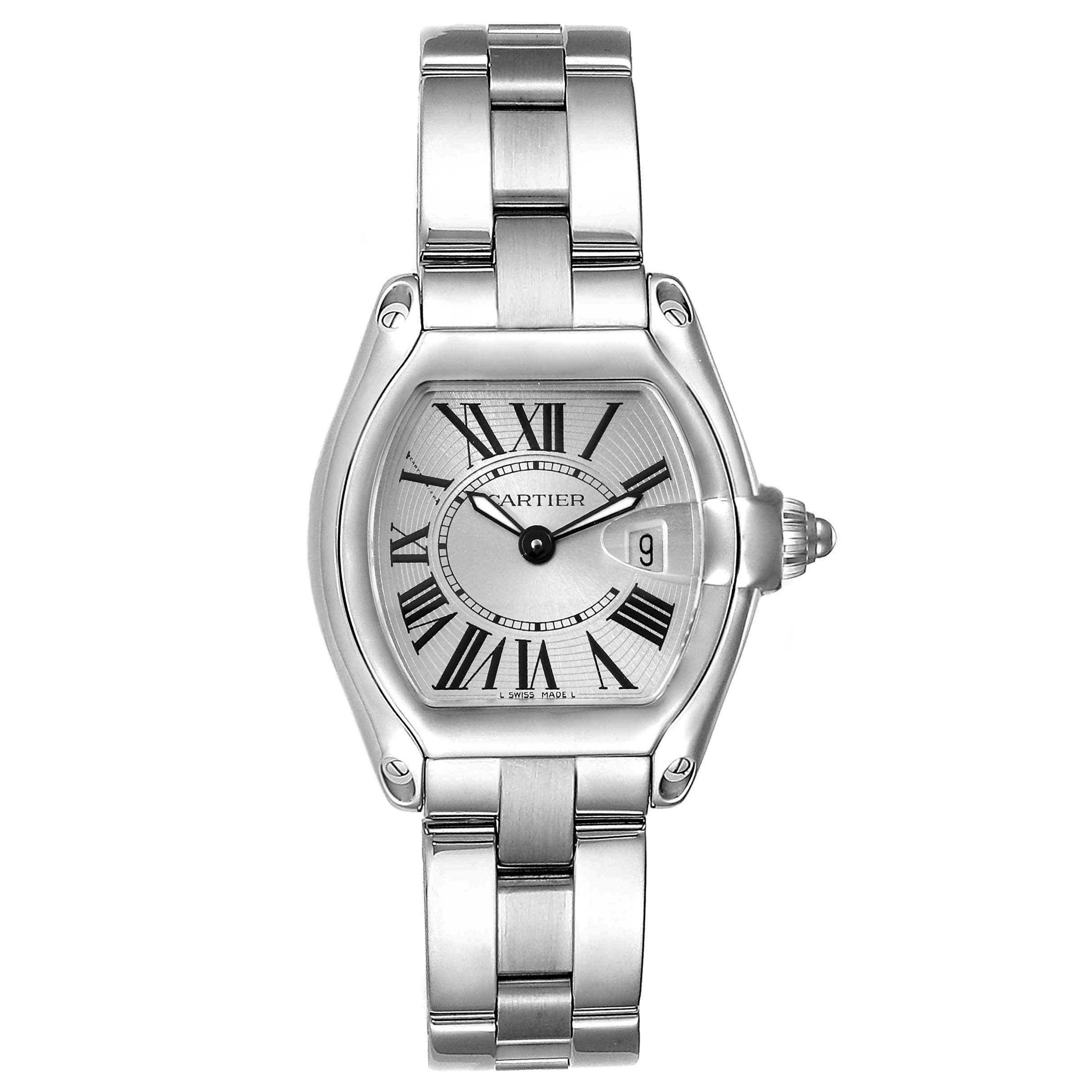 The image shows a front view of the Cartier Roadster W62016V3 Women
s Stainless Steel Silver Dial W62016V3 Women
s Stainless Steel Silver Dial watch, highlighting the dial, hands, date, case, and bracelet.