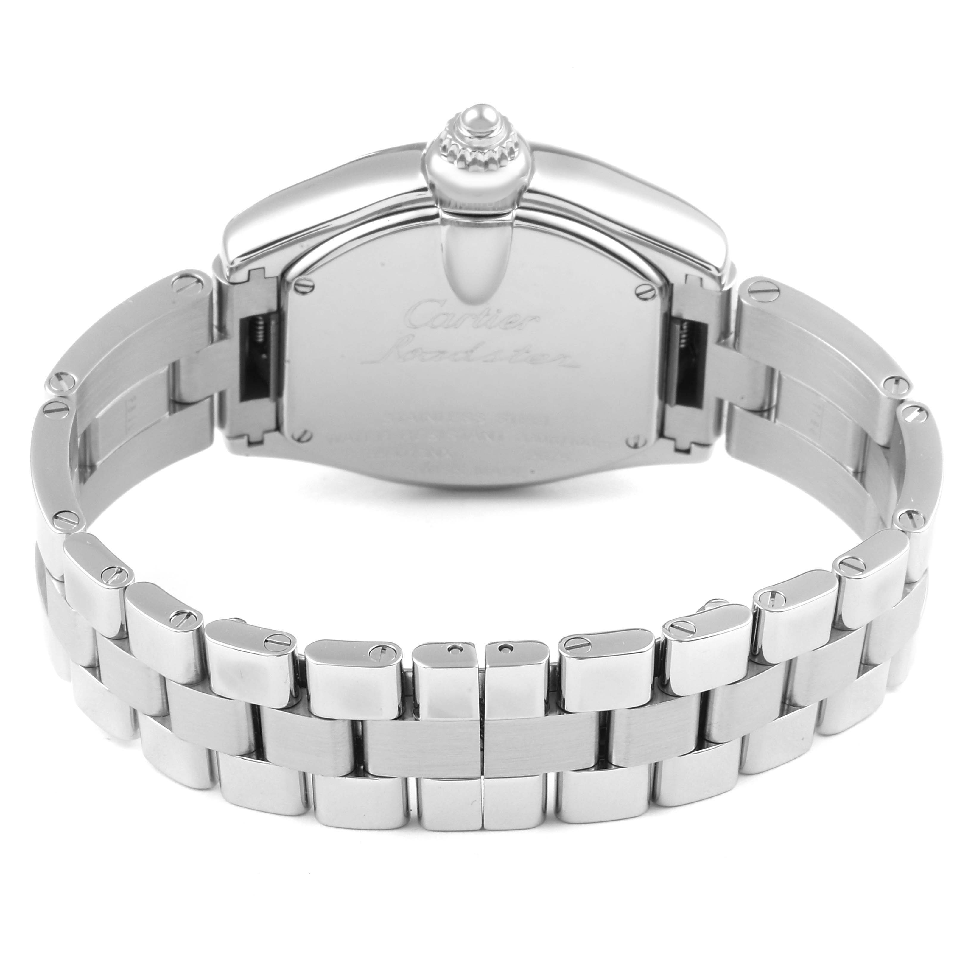 The image shows the back and the bracelet of a Cartier Roadster W62016V3 Women
s Stainless Steel Silver Dial W62016V3 Women
s Stainless Steel Silver Dial watch, showcasing its stainless steel construction.