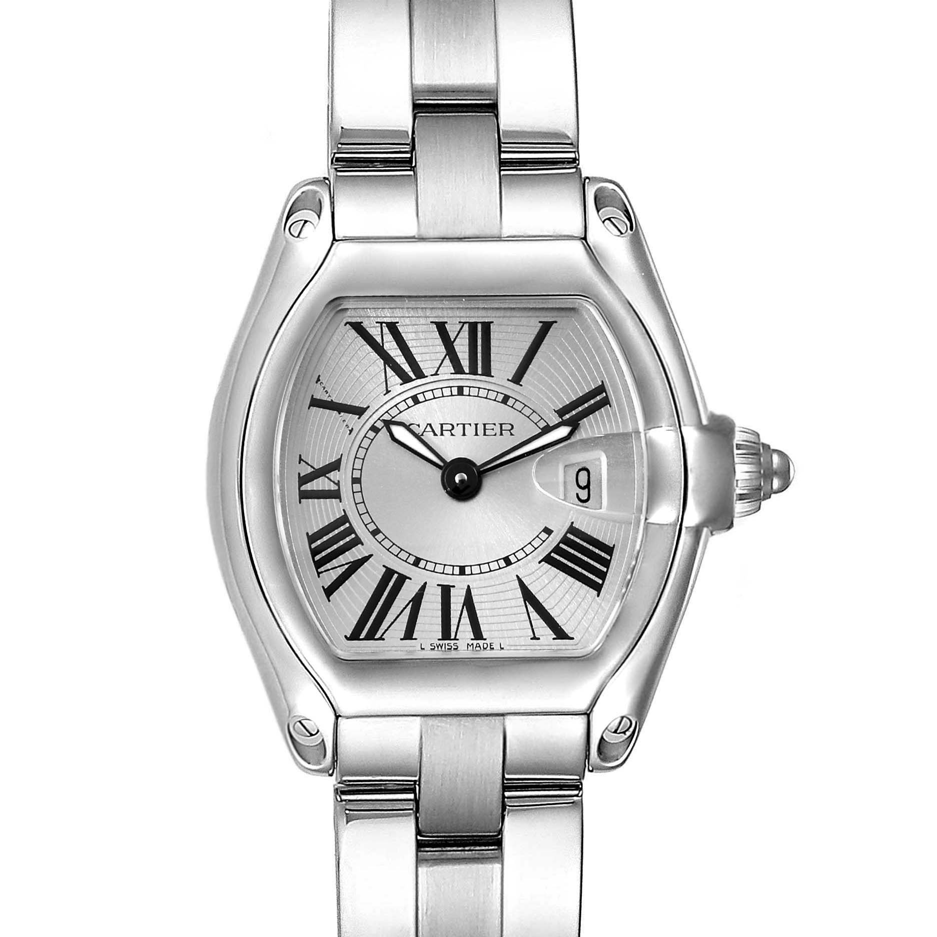 The image shows a front view of a Cartier Roadster W62016V3 Women
s Stainless Steel Silver Dial W62016V3 Women
s Stainless Steel Silver Dial model watch, highlighting the dial, hands, and part of its bracelet.