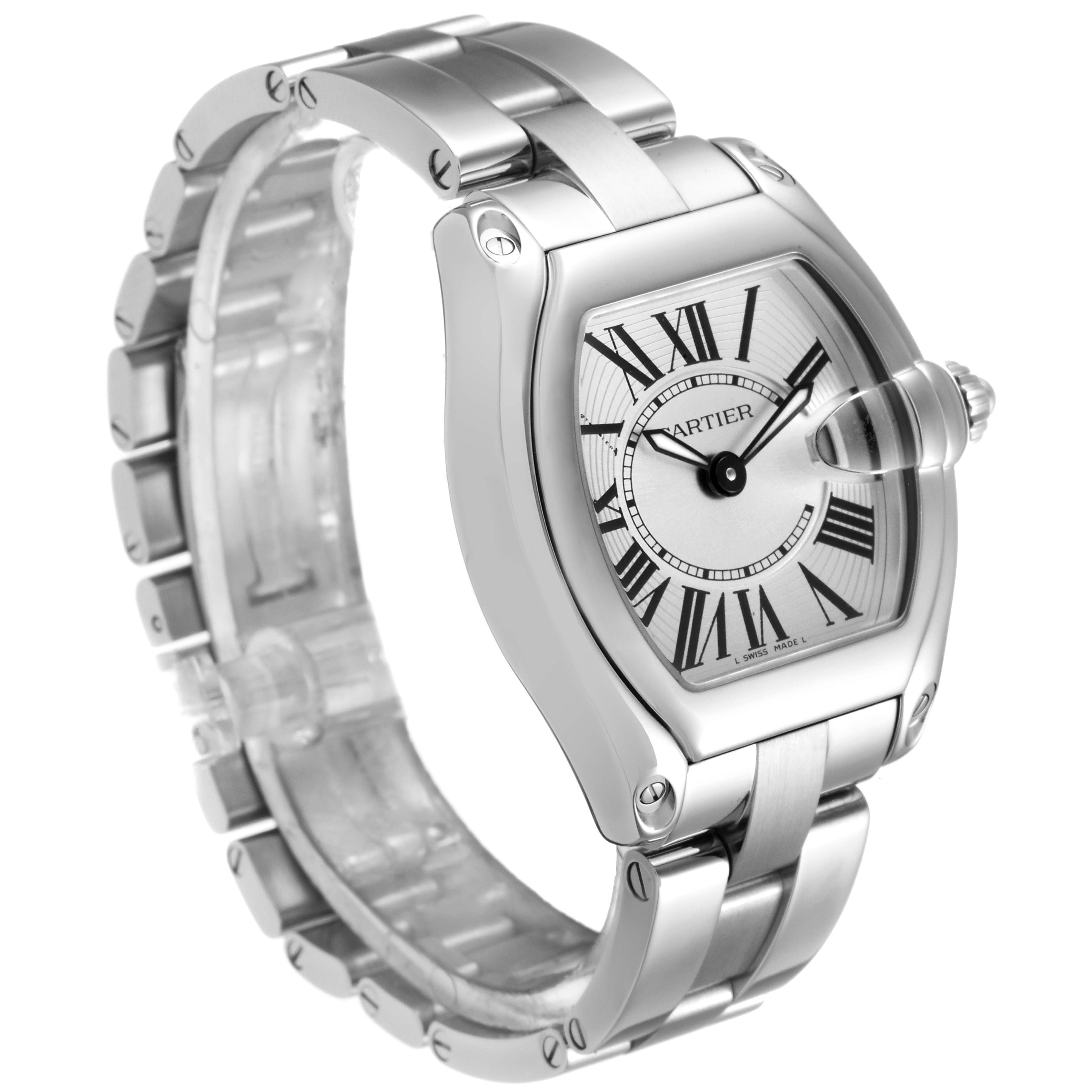 The Cartier Roadster W62016V3 Women
s Stainless Steel Silver Dial W62016V3 Women
s Stainless Steel Silver Dial watch is shown at a three-quarter angle, displaying its face, bezel, and strap.