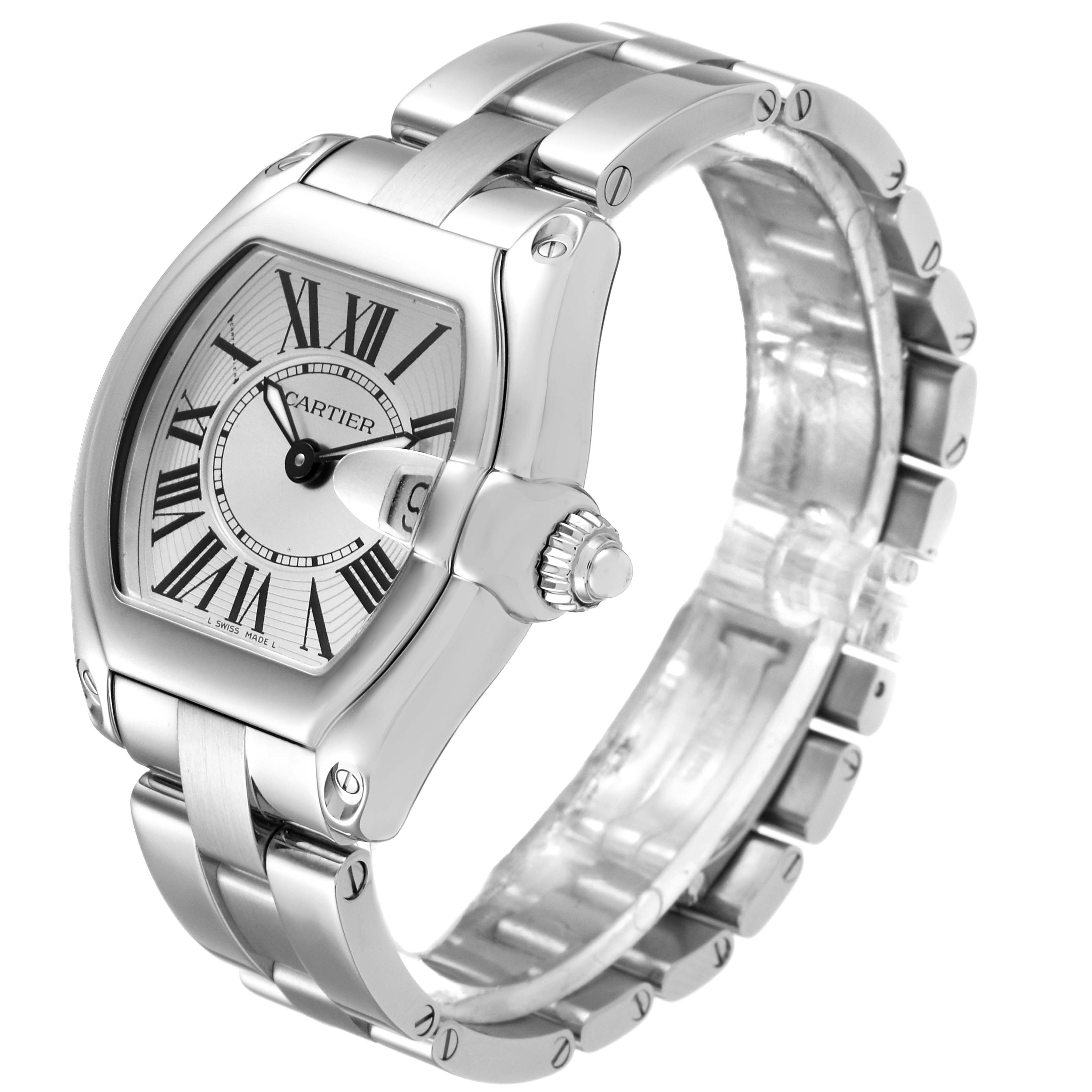 The Cartier Roadster W62016V3 Women
s Stainless Steel Silver Dial W62016V3 Women
s Stainless Steel Silver Dial watch is shown at an angled side view, displaying the dial, case, bezel, crown, and bracelet.