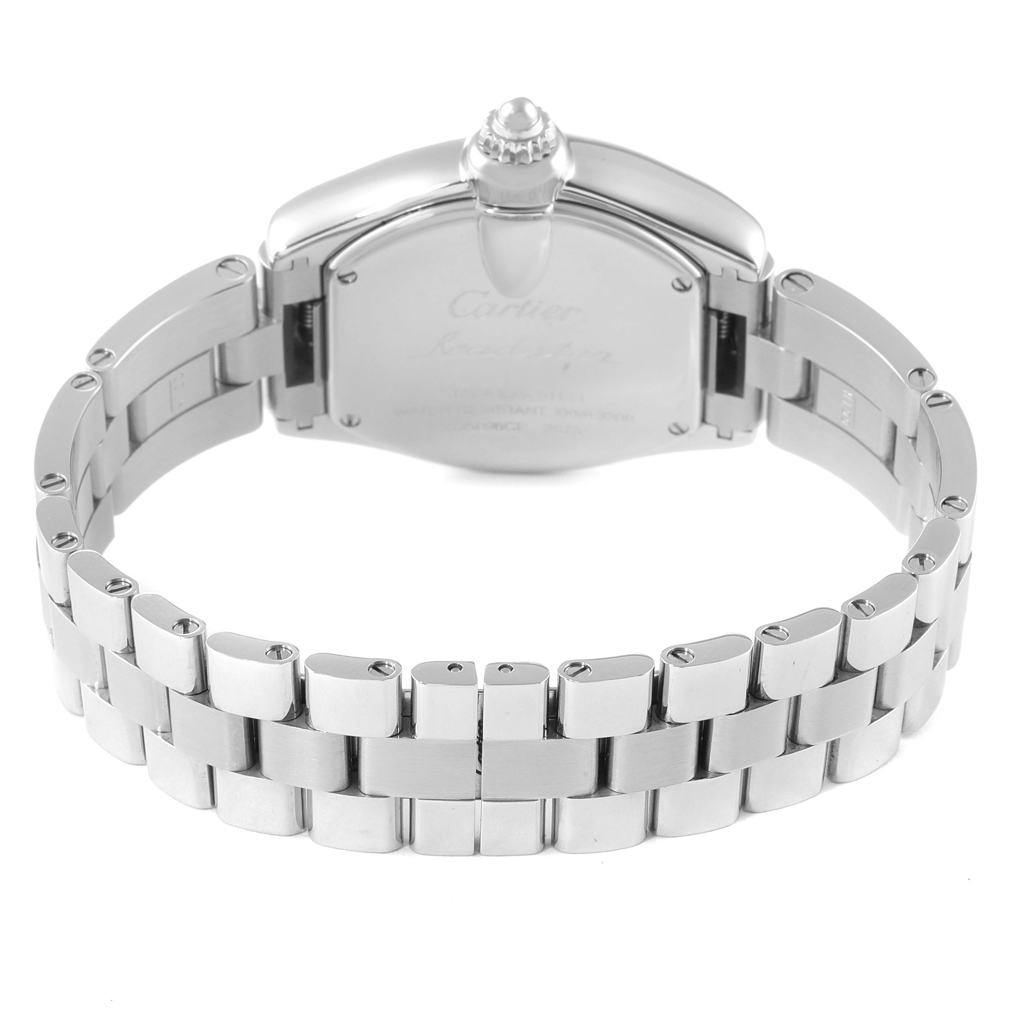 The image shows the back view of a Cartier Roadster W62016V3 Women's Stainless Steel Silver Dial W62016V3 Women's Stainless Steel Silver Dial watch, highlighting its bracelet and case back.
