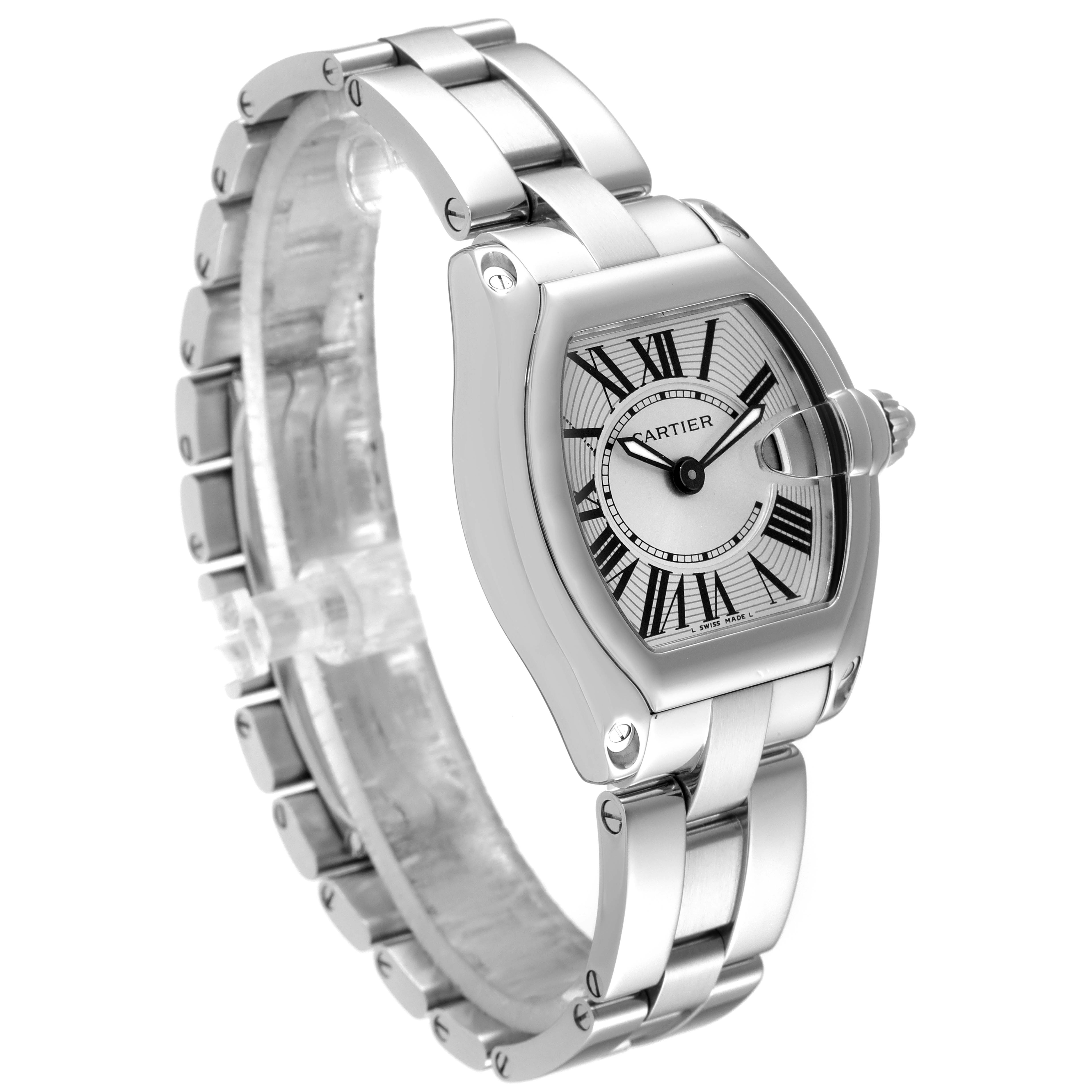 The image shows a Cartier Roadster W62016V3 Women's Stainless Steel Silver Dial W62016V3 Women's Stainless Steel Silver Dial watch from an oblique angle, highlighting the case, bracelet, dial, and crown.
