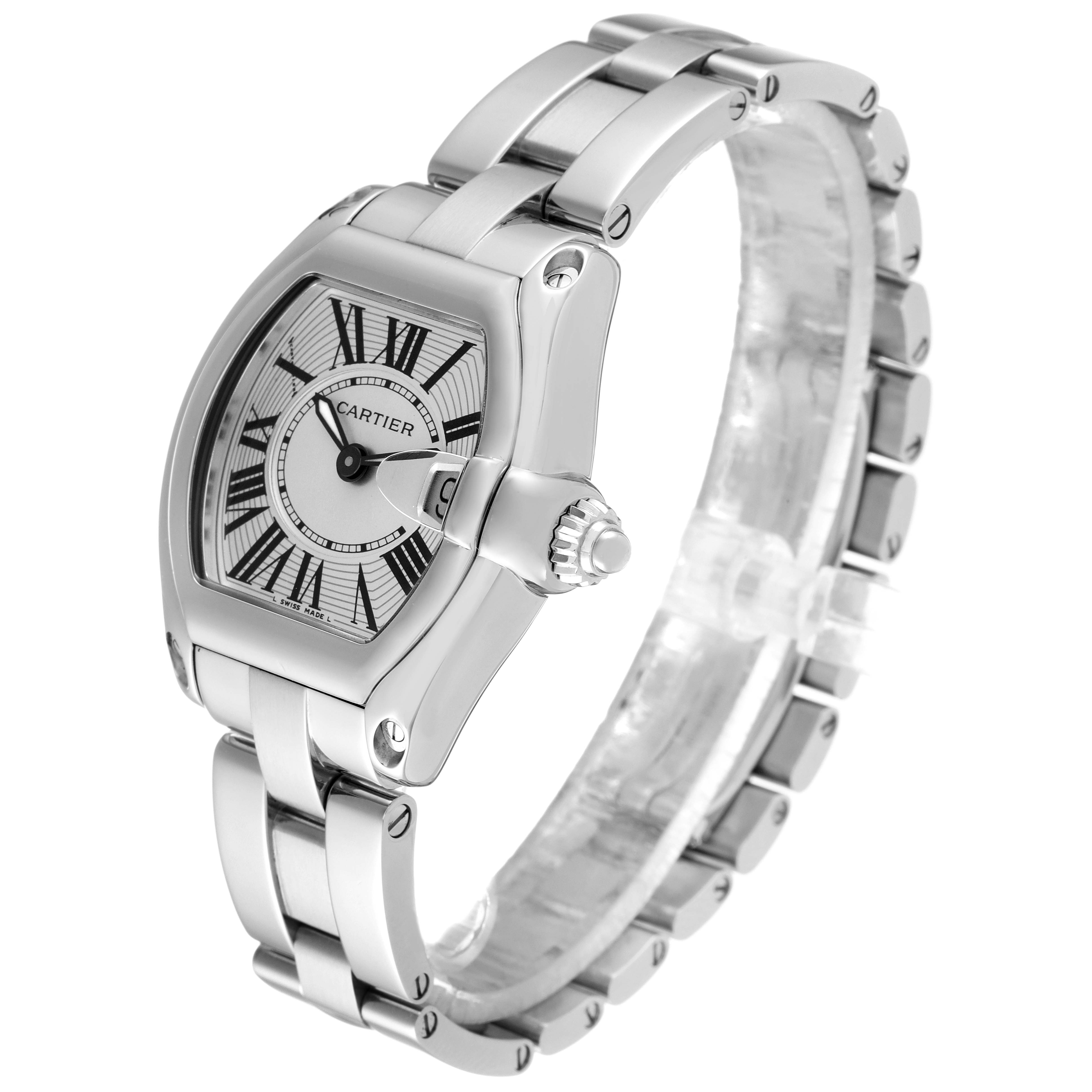 The image shows a side angle of the Cartier Roadster W62016V3 Women's Stainless Steel Silver Dial W62016V3 Women's Stainless Steel Silver Dial model, displaying its face, crown, and bracelet.