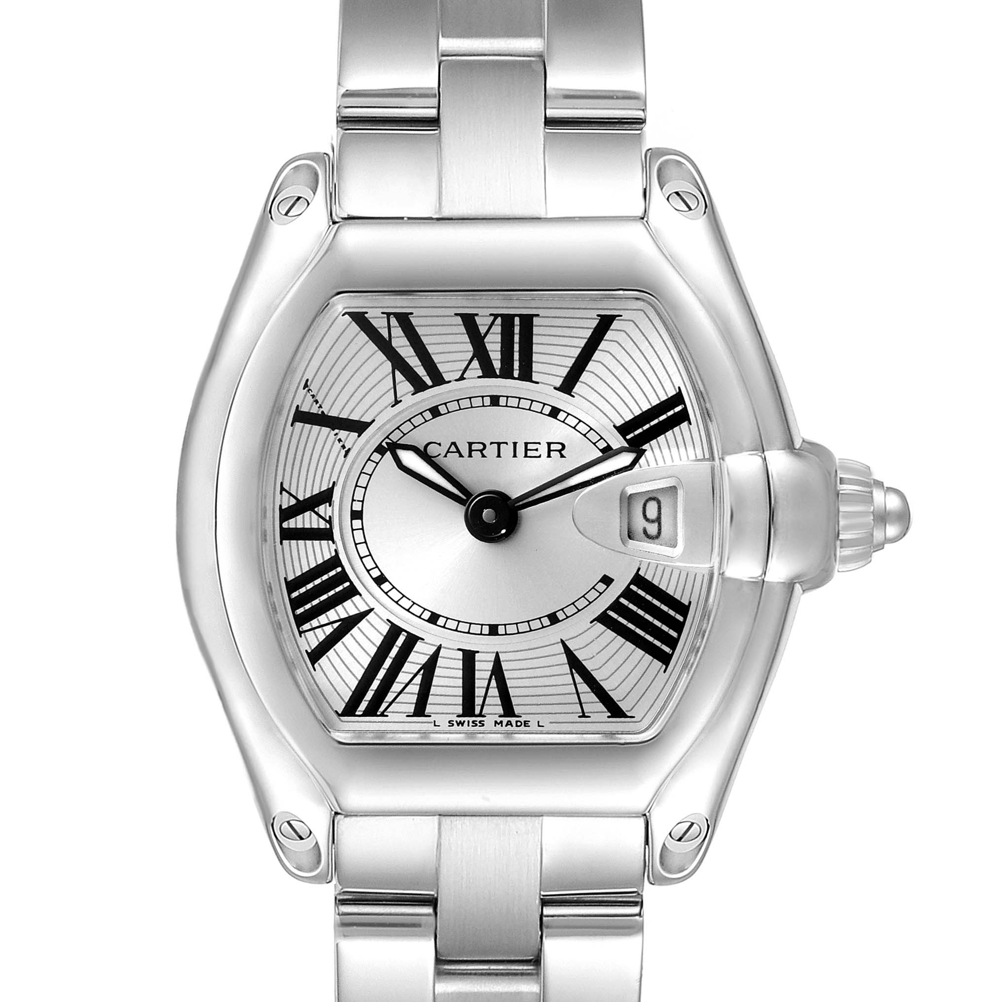 The image shows a front view of the Cartier Roadster W62016V3 Women's Stainless Steel Silver Dial W62016V3 Women's Stainless Steel Silver Dial watch, featuring its face, bezel, dial, and part of the bracelet.