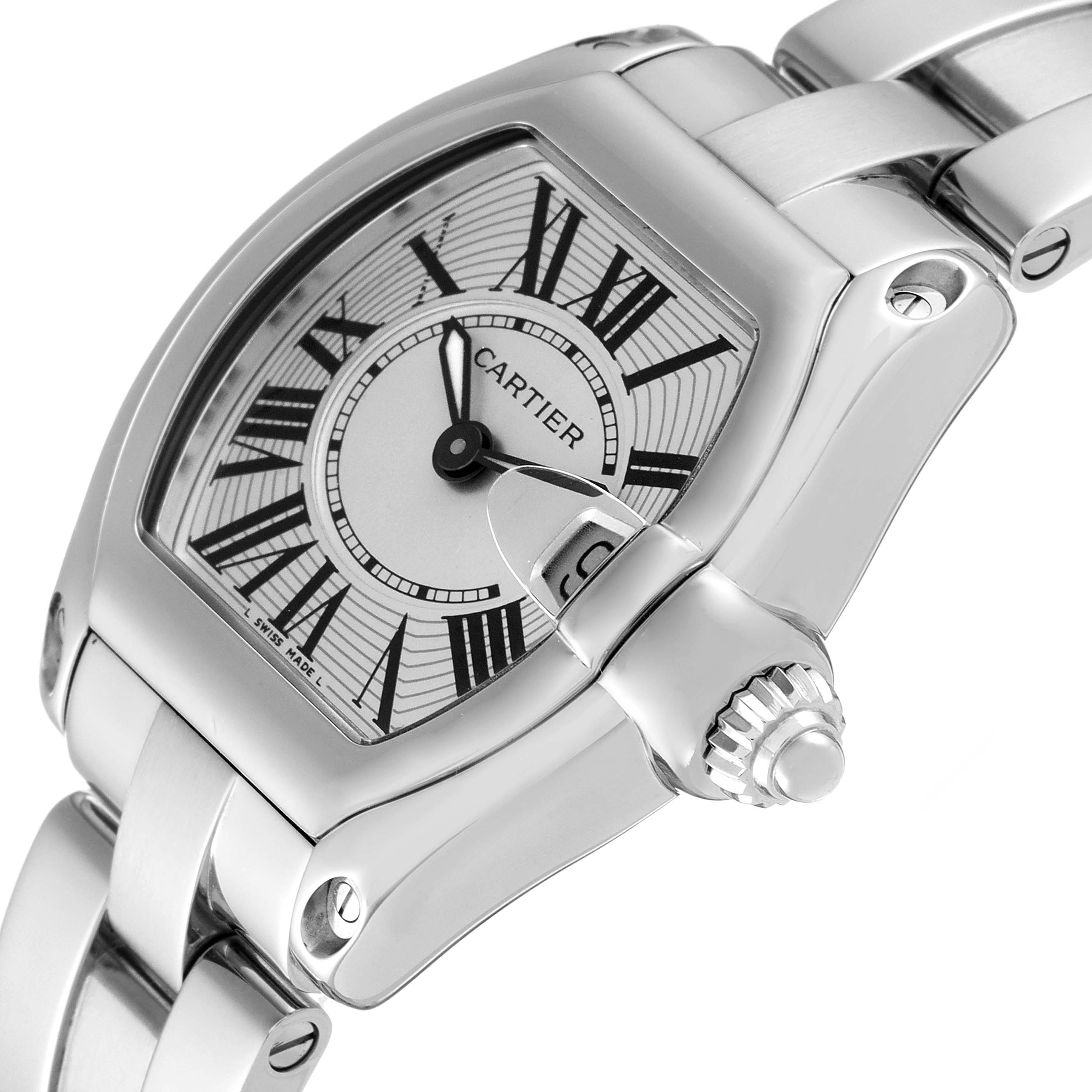 The image shows a close-up of the Cartier Roadster W62016V3 Women's Stainless Steel Silver Dial W62016V3 Women's Stainless Steel Silver Dial's face and partial bracelet from a slight angle.