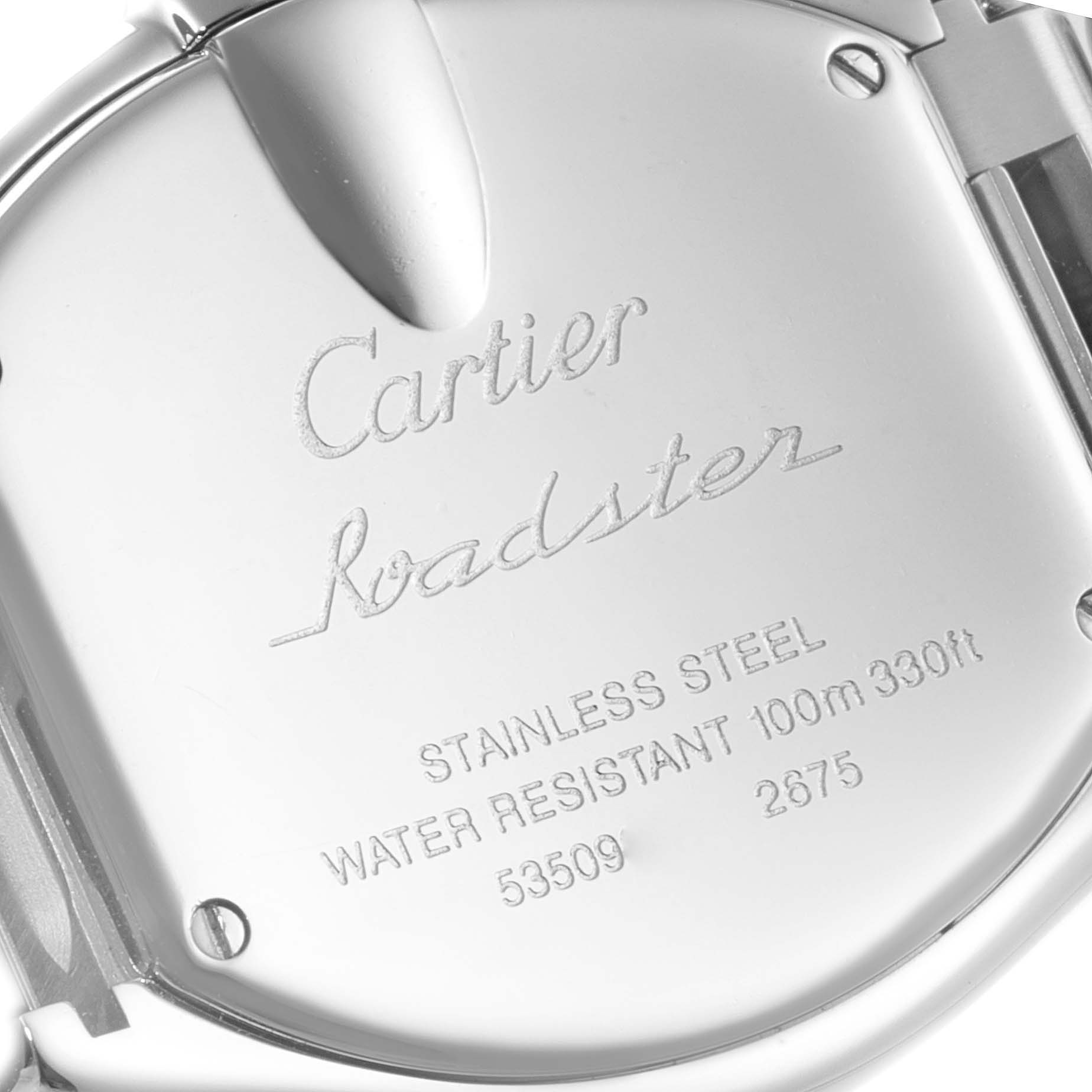 The image shows the back case of the Cartier Roadster W62016V3 Women's Stainless Steel Silver Dial W62016V3 Women's Stainless Steel Silver Dial watch, highlighting engravings and details on the stainless steel surface.