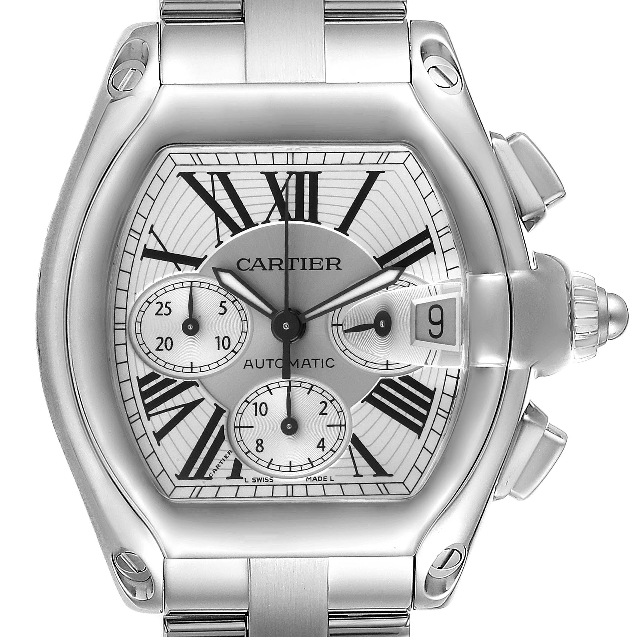 This image shows a frontal view of the Cartier Roadster W62019X6 Men
s Stainless Steel Silver Dial W62019X6 Men
s Stainless Steel Silver Dial watch, displaying its dial, case, and part of the stainless steel bracelet.