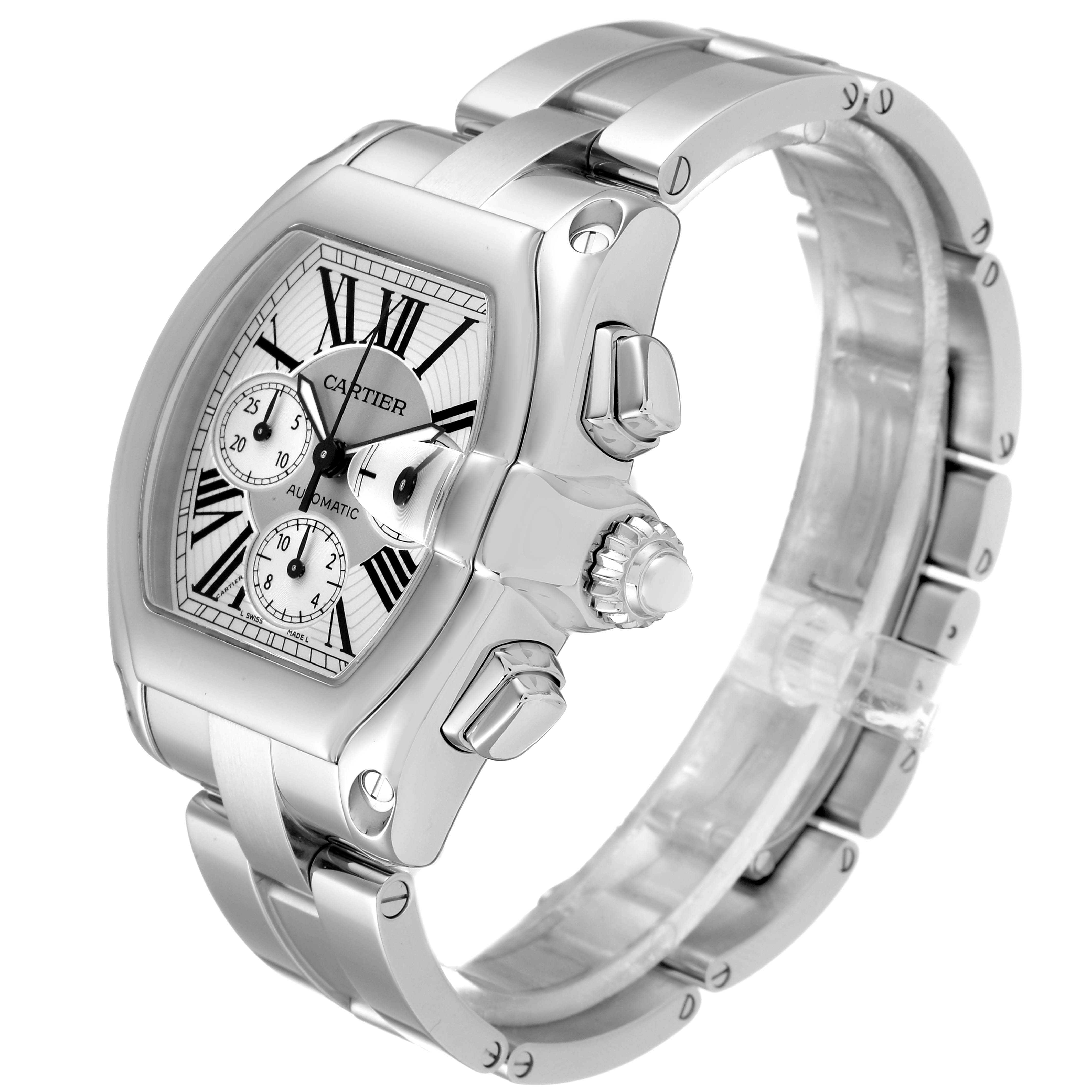 This image shows a three-quarter side view of a Cartier Roadster W62019X6 Men
s Stainless Steel Silver Dial W62019X6 Men
s Stainless Steel Silver Dial model, highlighting the case, dial, crown, and bracelet.