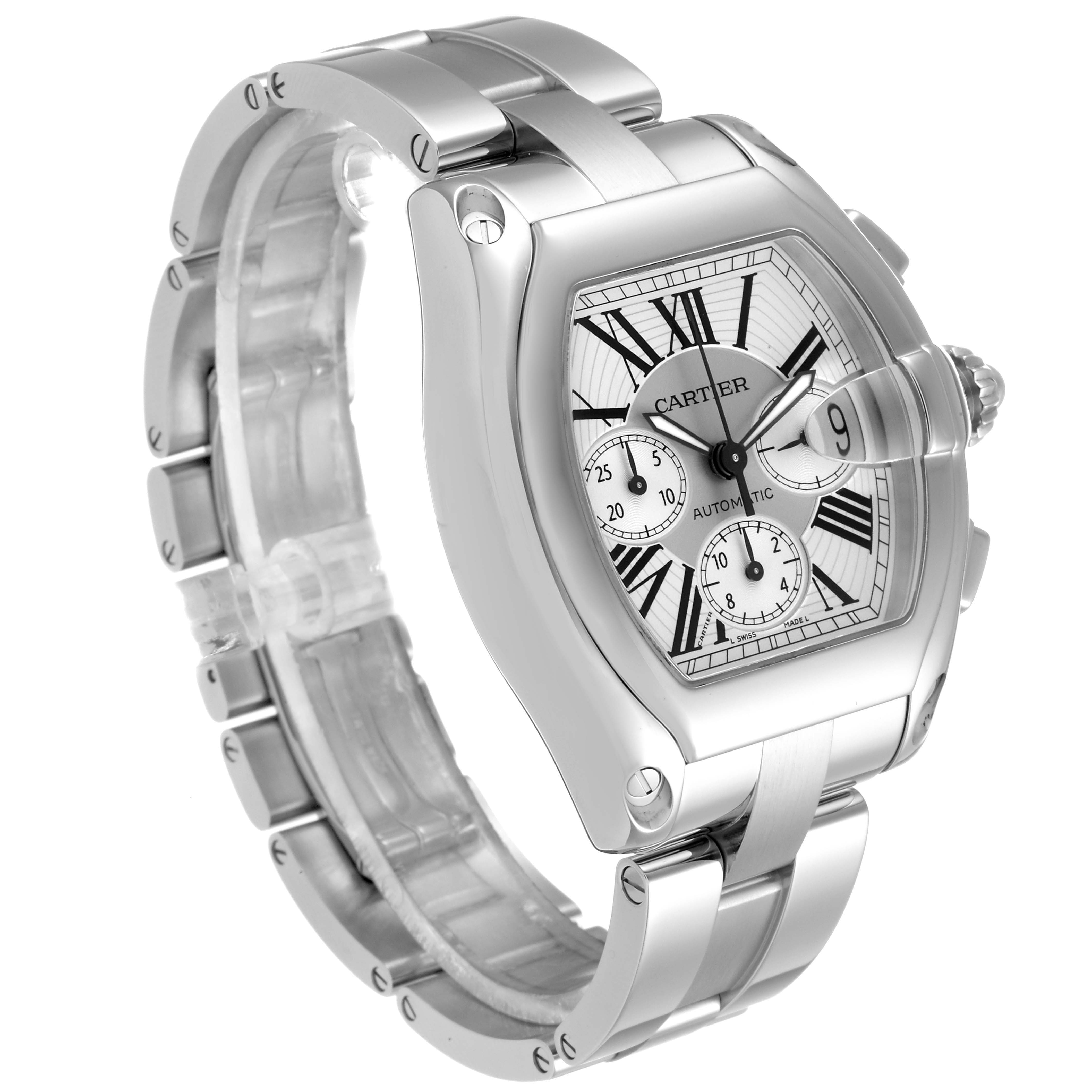 The Cartier Roadster W62019X6 Men
s Stainless Steel Silver Dial W62019X6 Men
s Stainless Steel Silver Dial watch is shown at a slight angle, revealing its face, case, and bracelet.