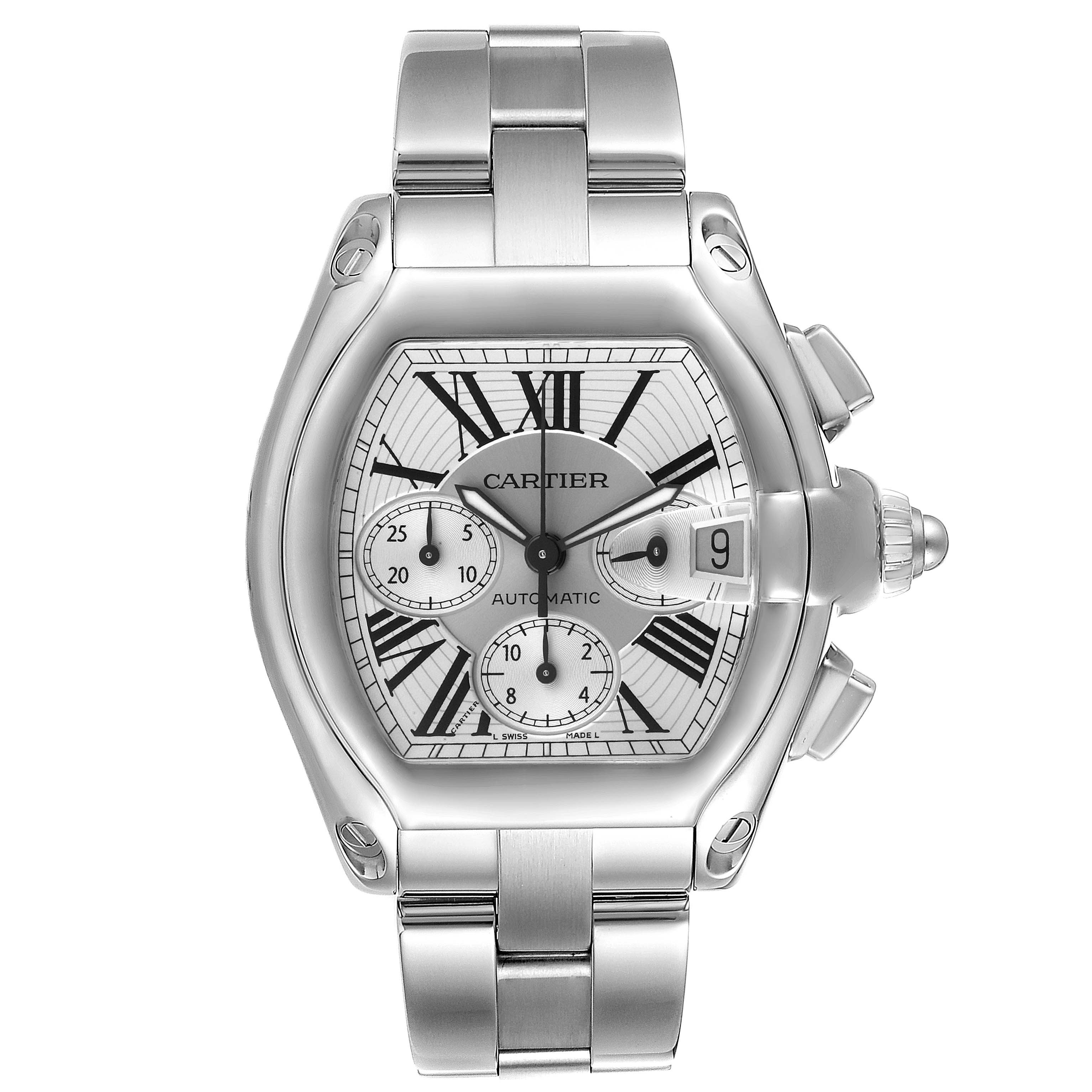 This image shows a Cartier Roadster W62019X6 Men
s Stainless Steel Silver Dial W62019X6 Men
s Stainless Steel Silver Dial watch from a top view, highlighting its face, dial, bracelet, and side buttons.