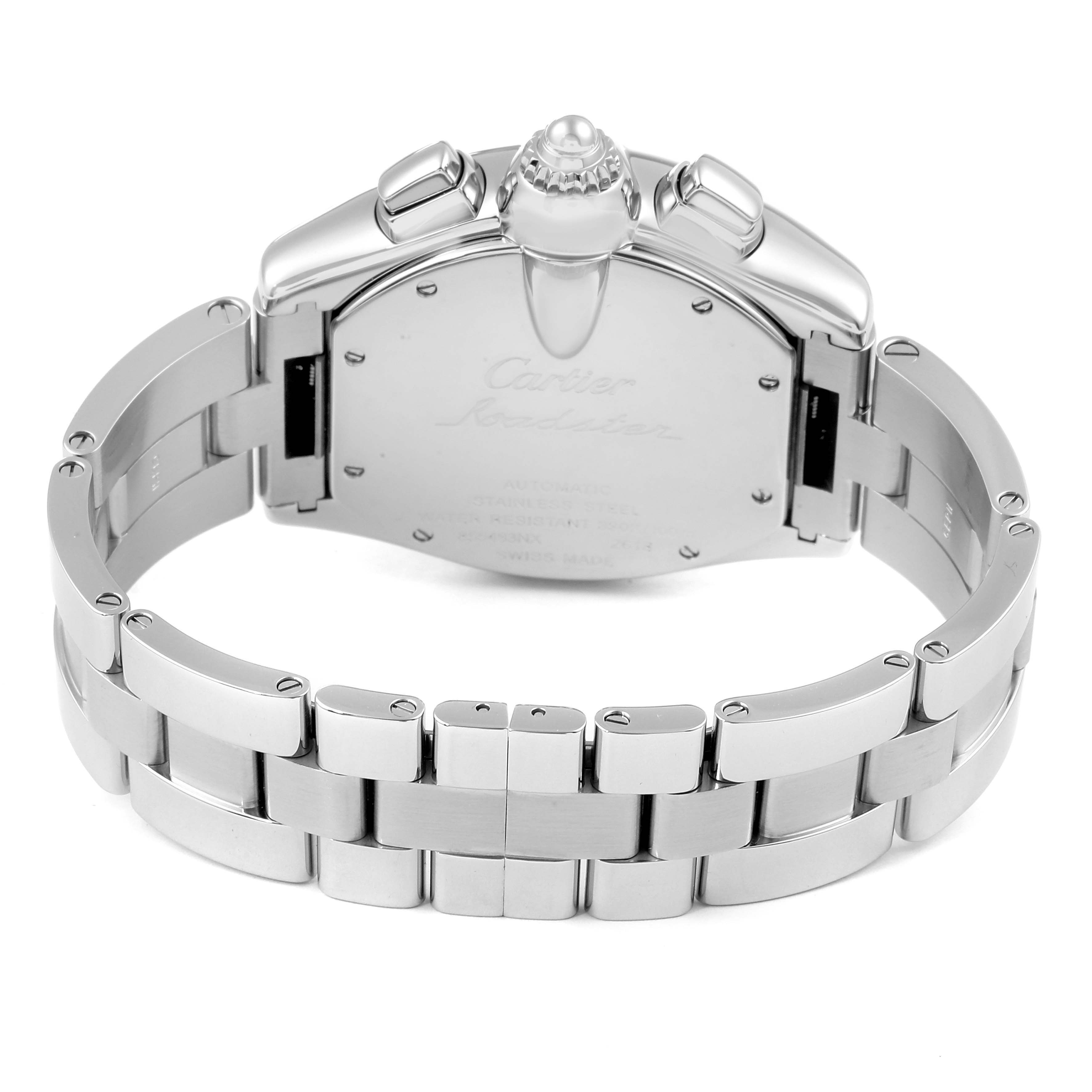 The image shows the back case and stainless steel bracelet of a Cartier Roadster W62019X6 Men
s Stainless Steel Silver Dial W62019X6 Men
s Stainless Steel Silver Dial watch from a rear angle.