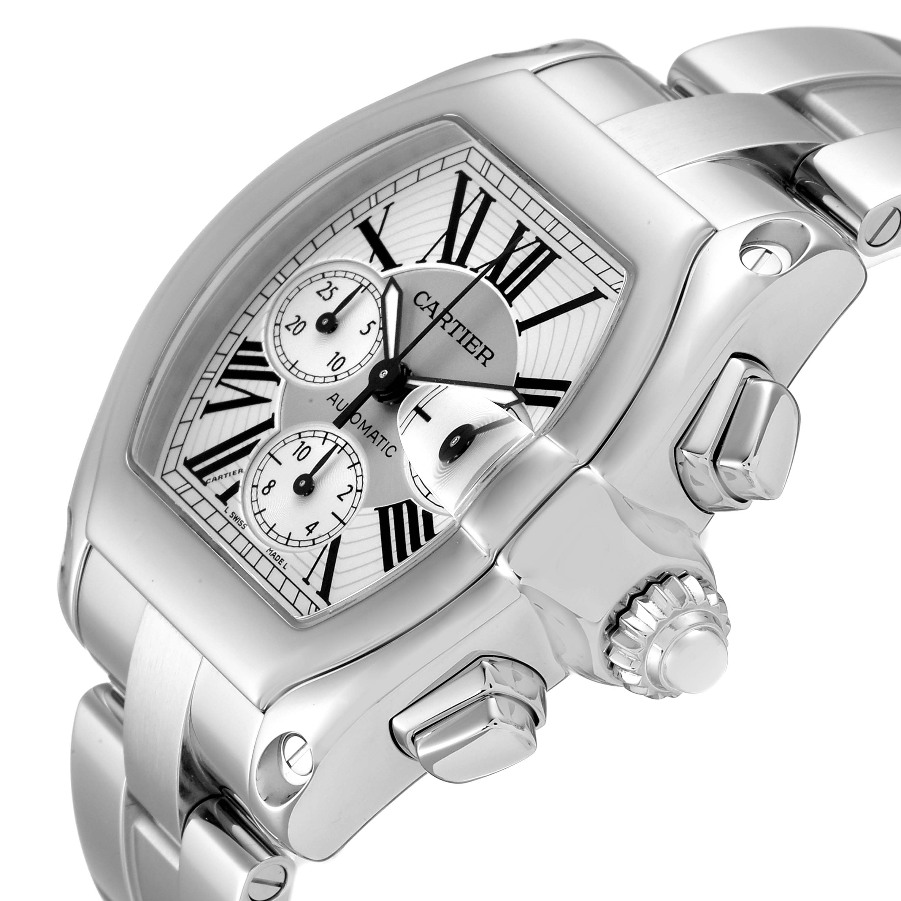 This image shows a close-up, angled view of Cartier
s Roadster model watch, highlighting its dial, crown, and metal bracelet.