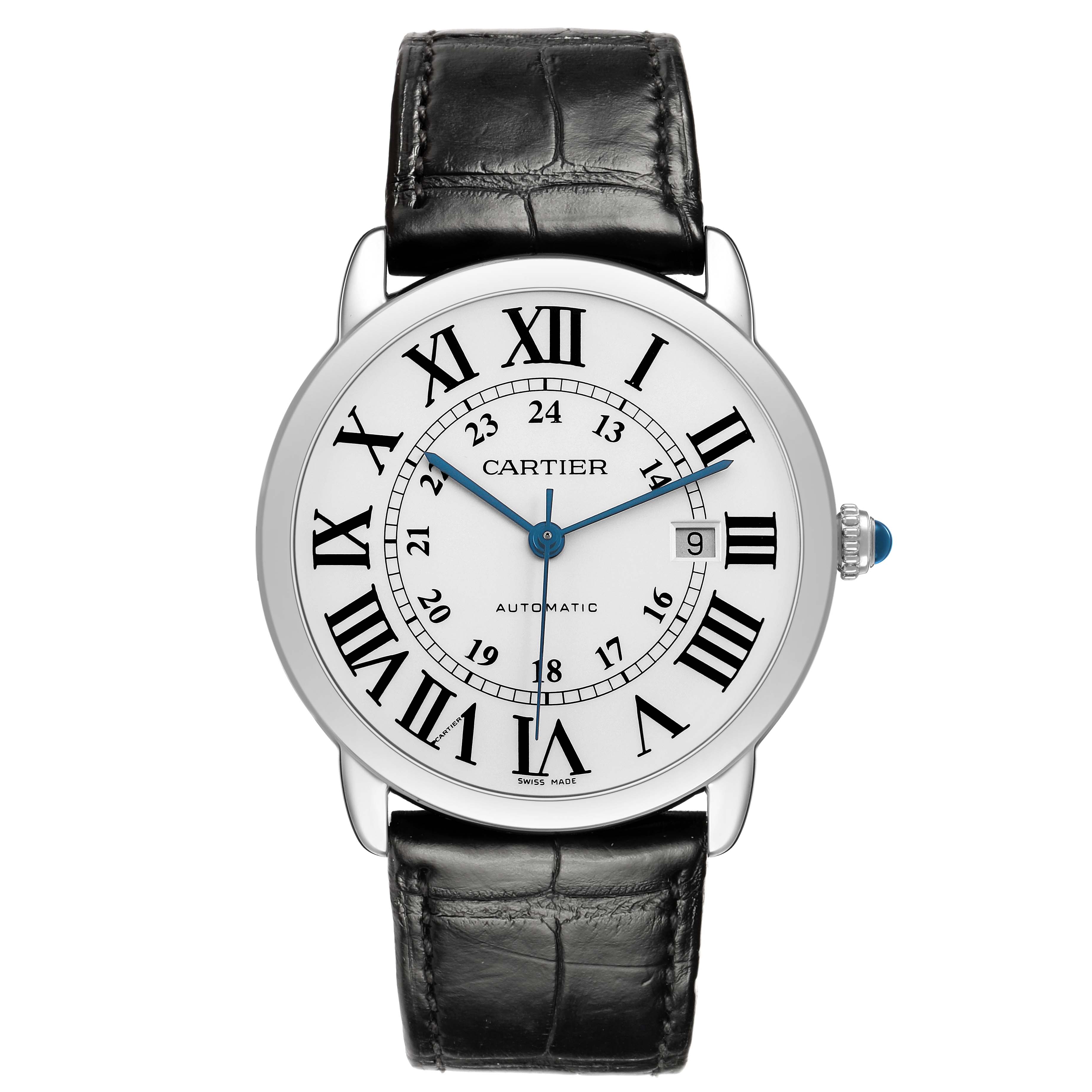The Cartier Ronde W6701010 Men's Stainless Steel Silver Dial watch is shown from the front, displaying its dial, Roman numerals, blue hands, and black leather strap.
