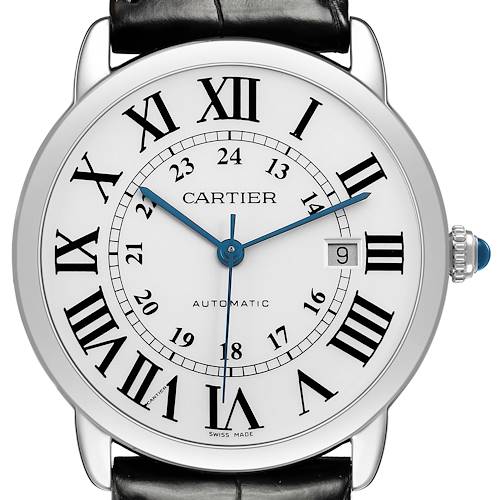 The Cartier Ronde W6701010 Men's Stainless Steel Silver Dial watch is shown from the front, displaying its face, Roman numerals, date window, and crown.